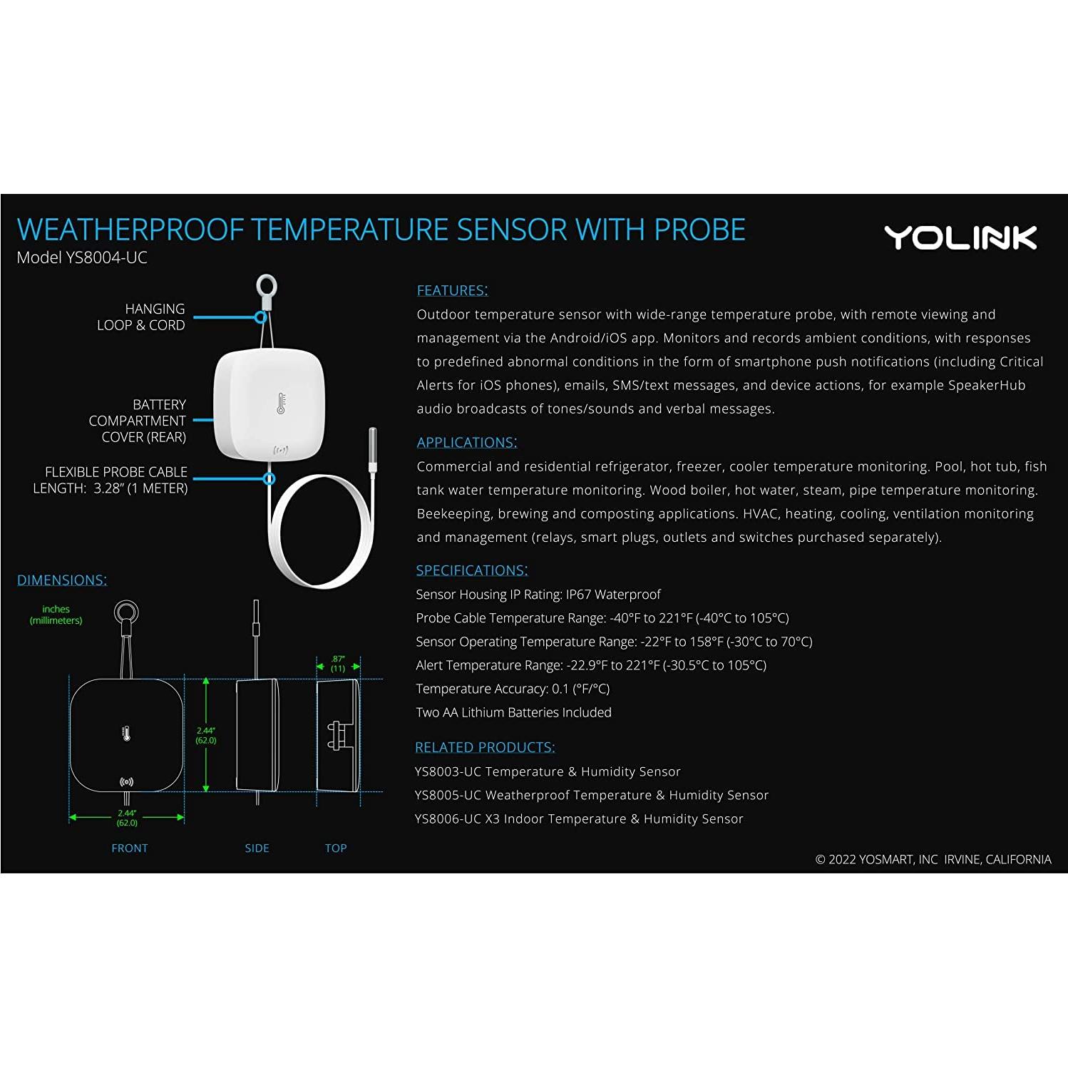 Sensor de Temperatura y Humedad a Prueba de Agua YoLink con Hub