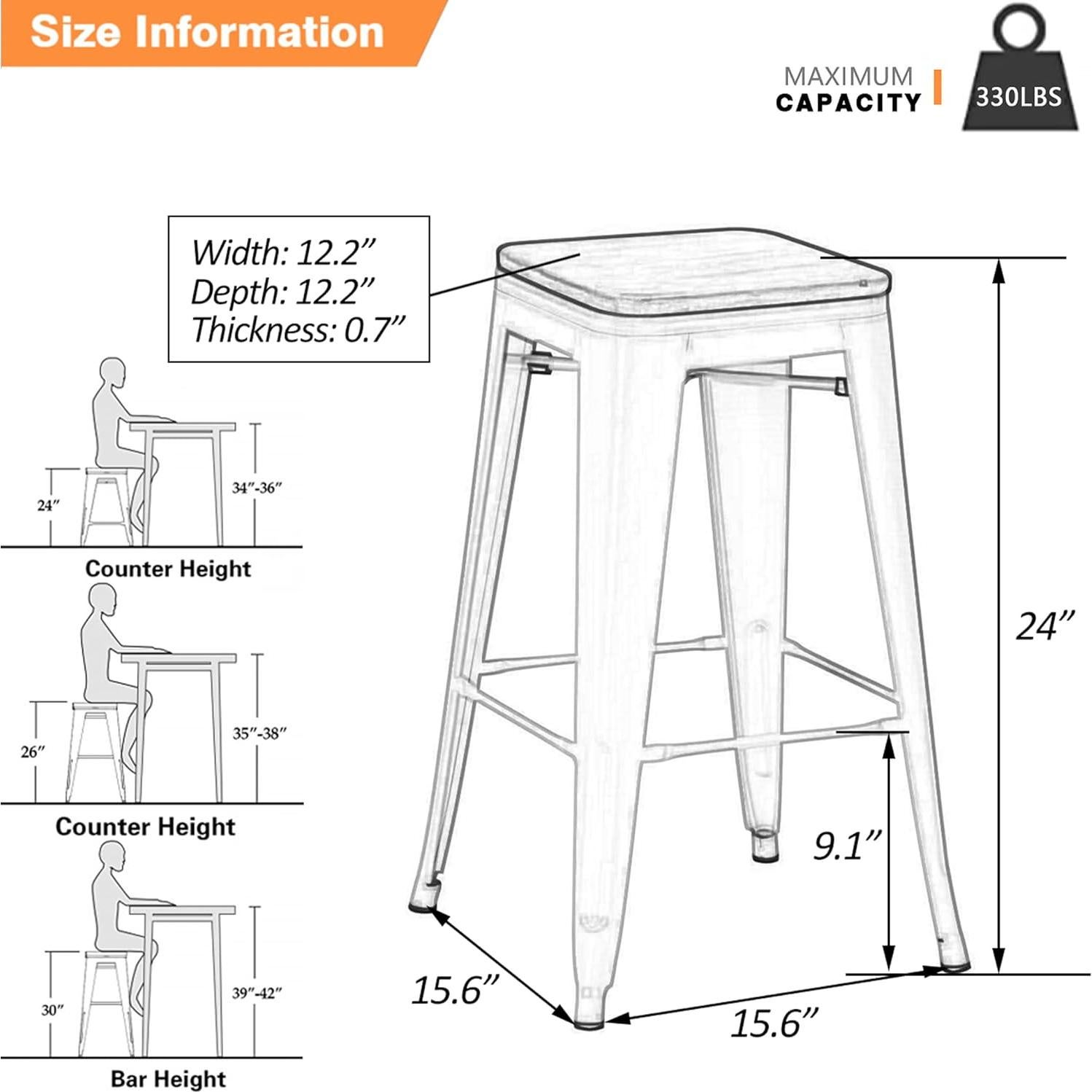 Taburetes de Bar Apilables Yongchuang 60 cm Metal y Madera Set de 4