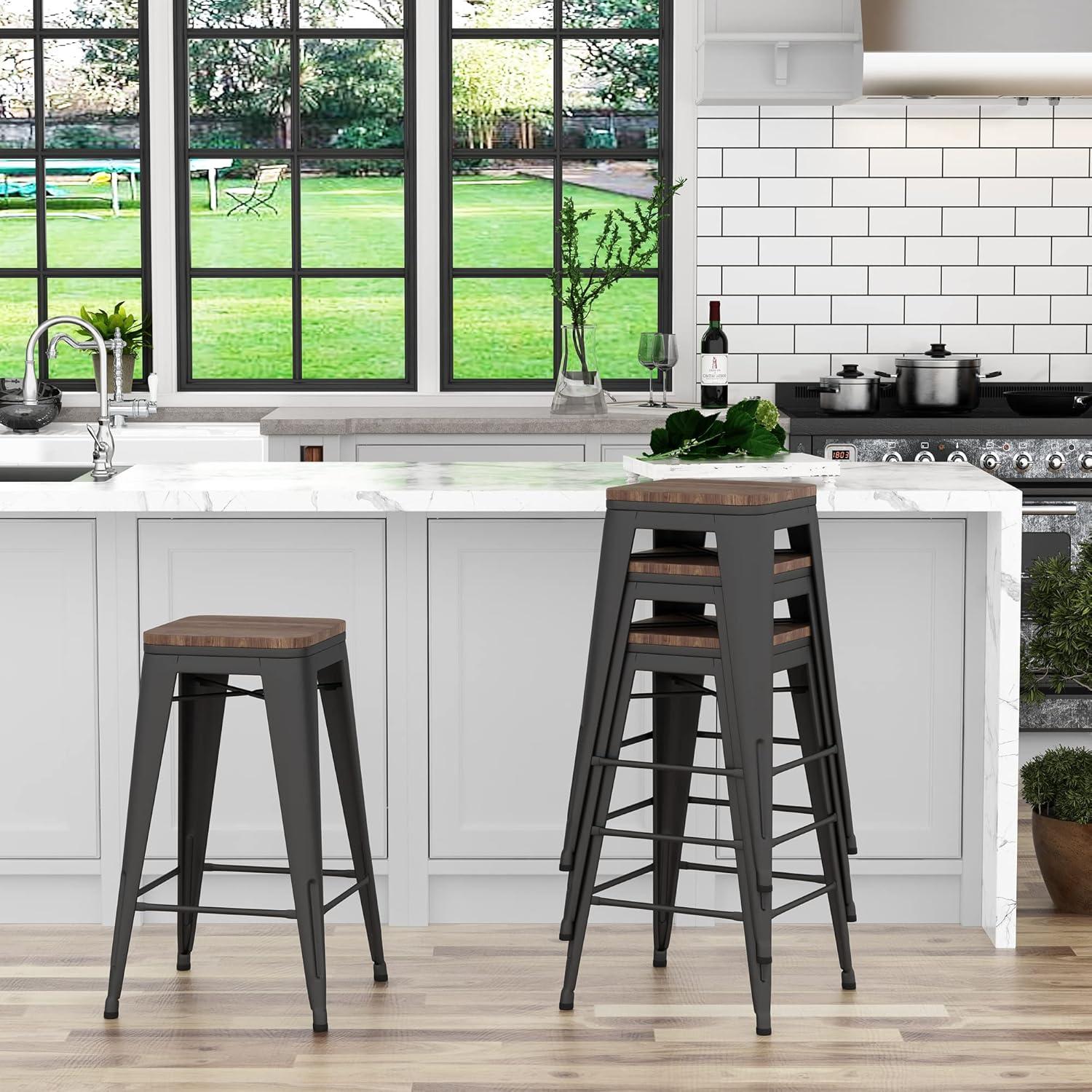 Taburetes de Bar Apilables Yongchuang 60 cm Metal y Madera Set de 4