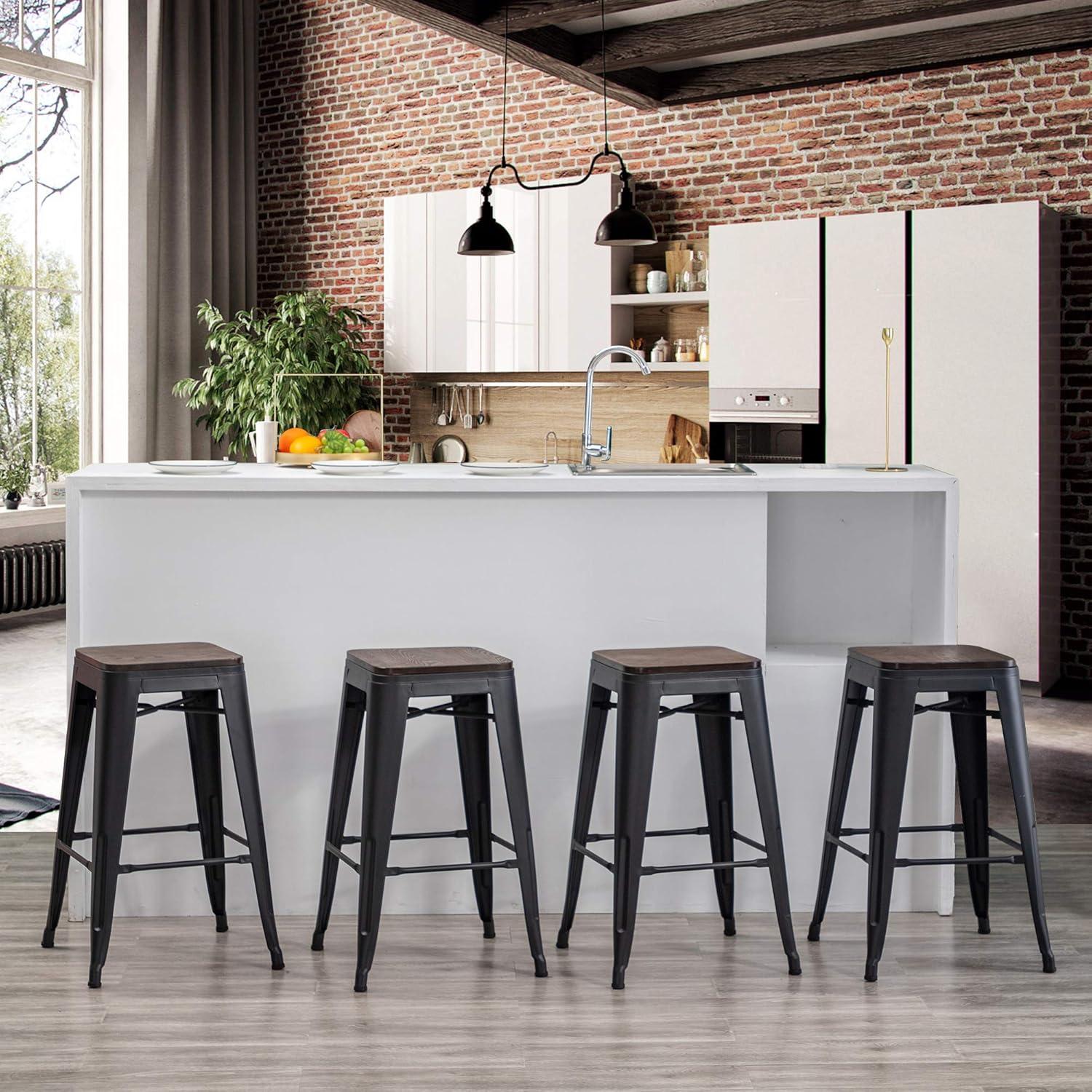 Taburetes de Bar Apilables Yongchuang 60 cm Metal y Madera Set de 4