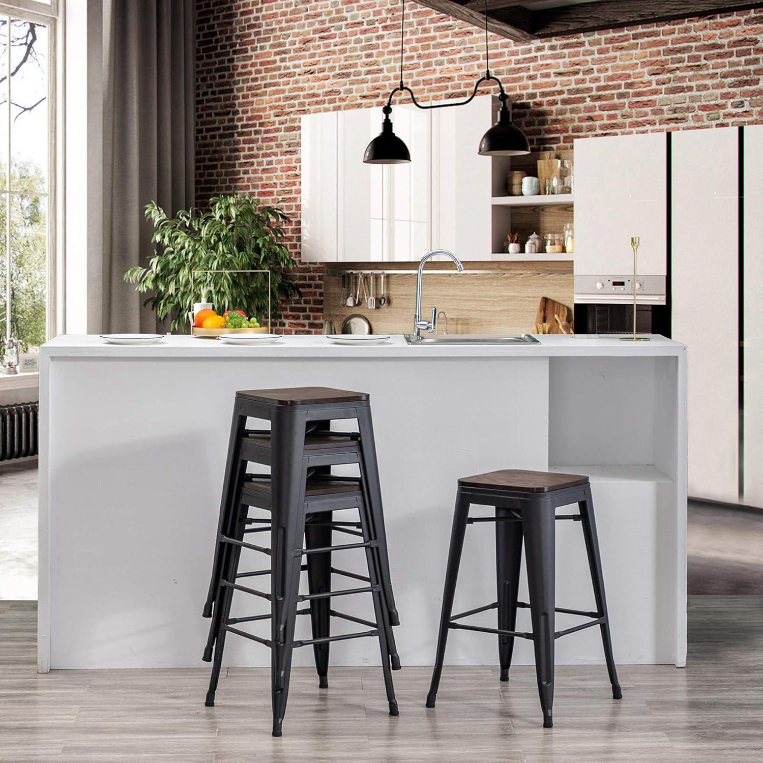 Taburetes de Bar Apilables Yongchuang 60 cm Metal y Madera Set de 4