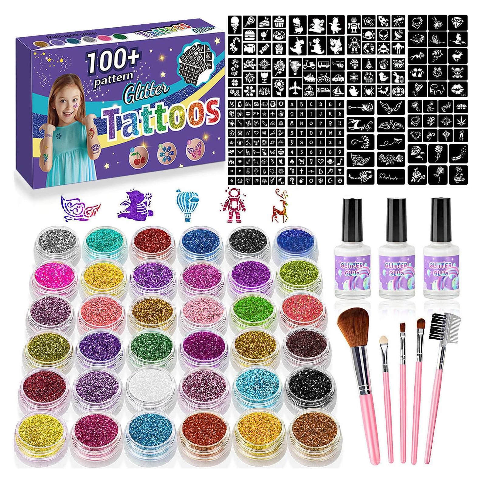 Kit de Tatuajes Temporales Brillantes XiQiDianr - 36 Colores, 222 Plantillas