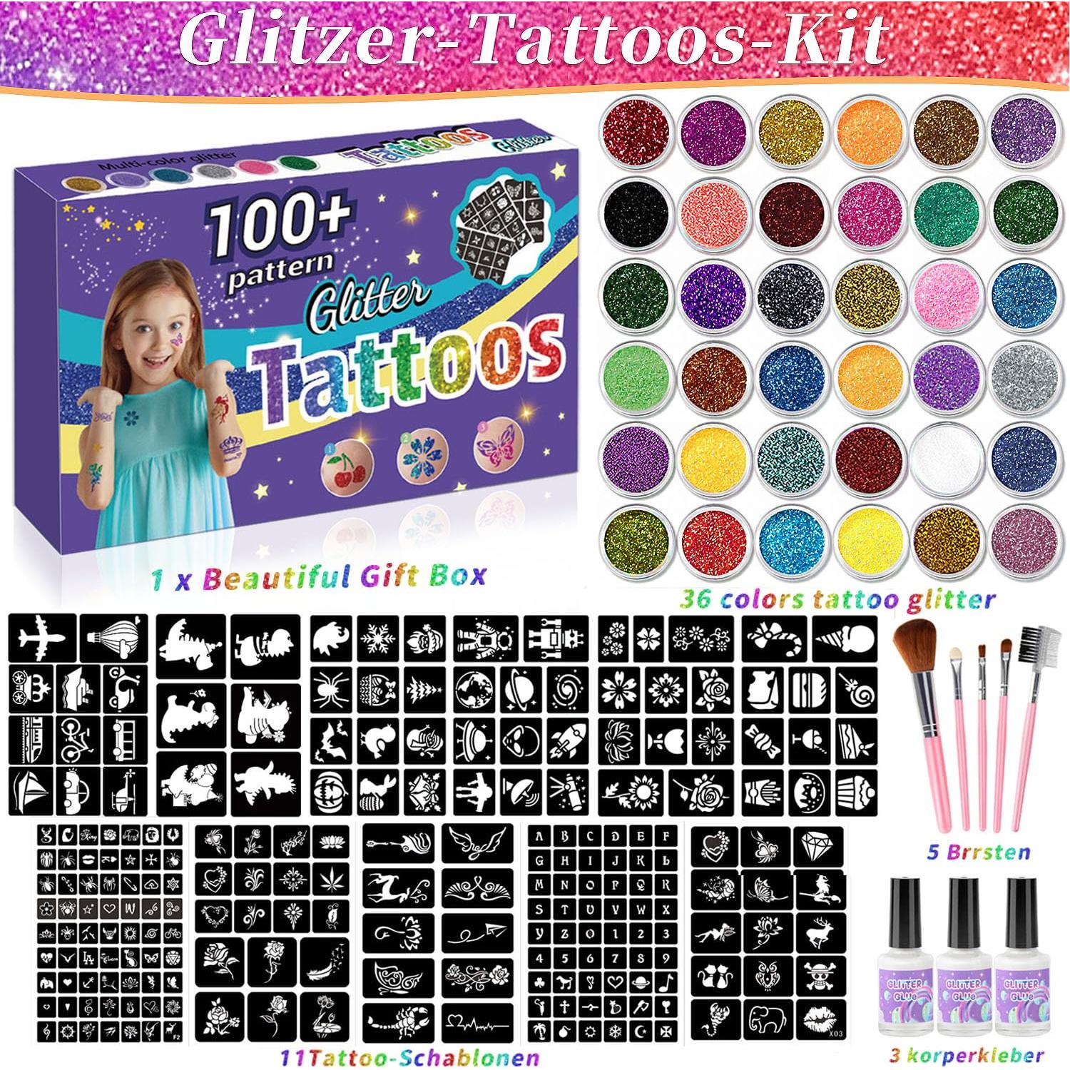 Kit de Tatuajes Temporales Brillantes XiQiDianr - 36 Colores, 222 Plantillas