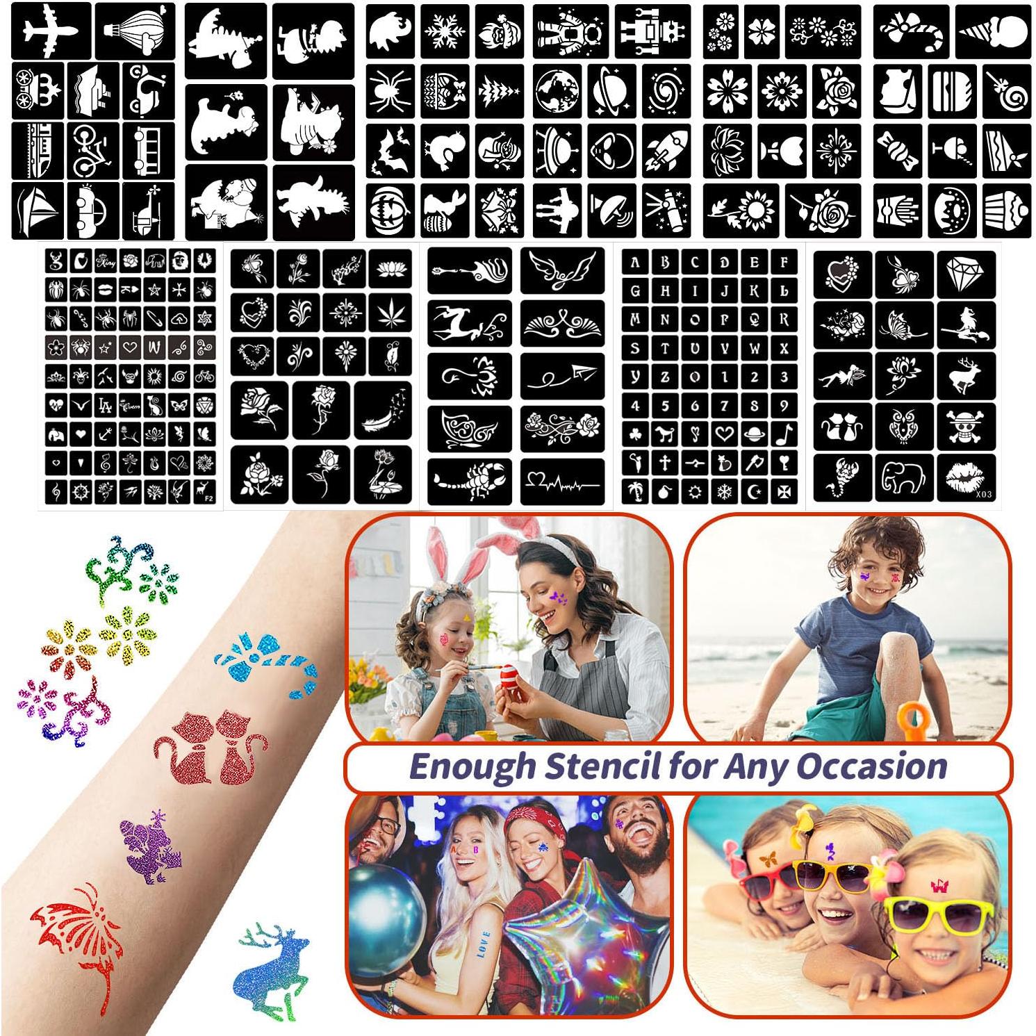 Kit de Tatuajes Temporales Brillantes XiQiDianr - 36 Colores, 222 Plantillas