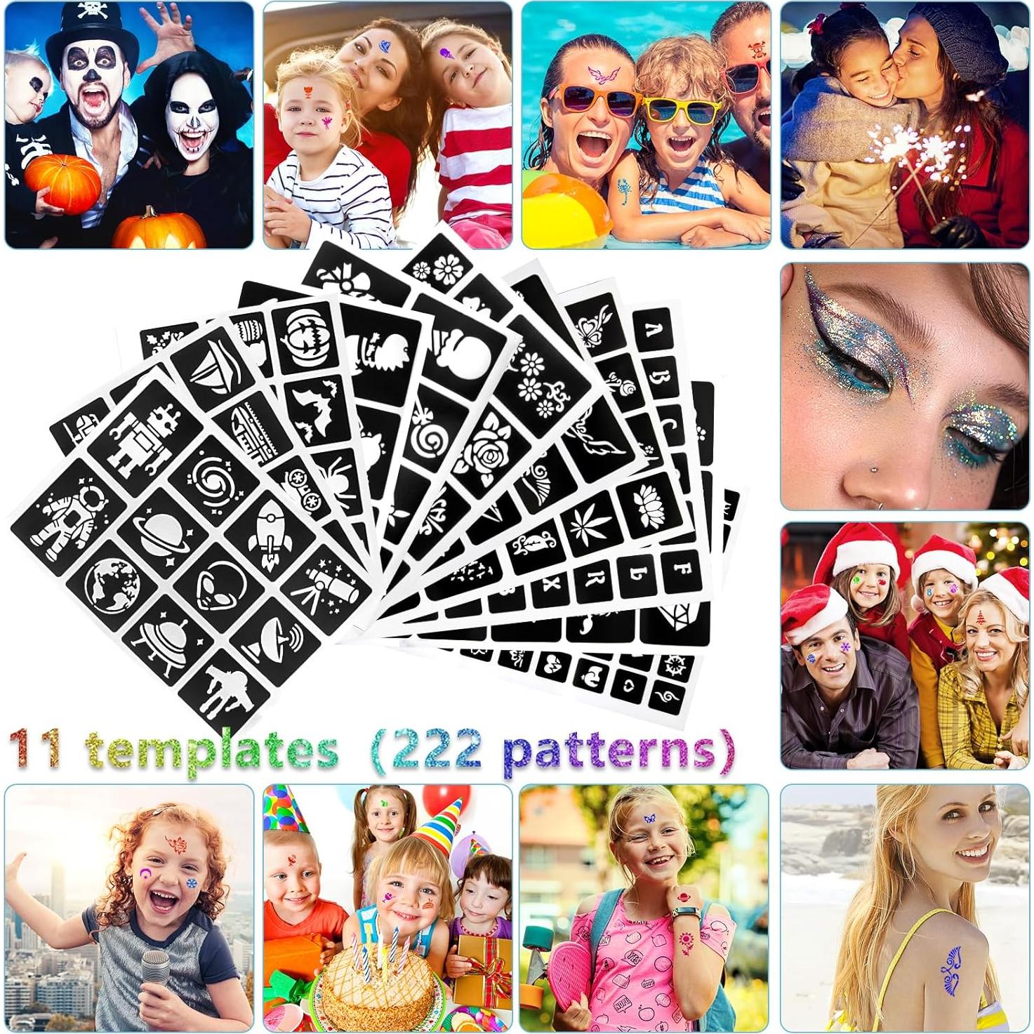 Kit de Tatuajes Temporales Brillantes XiQiDianr - 36 Colores, 222 Plantillas