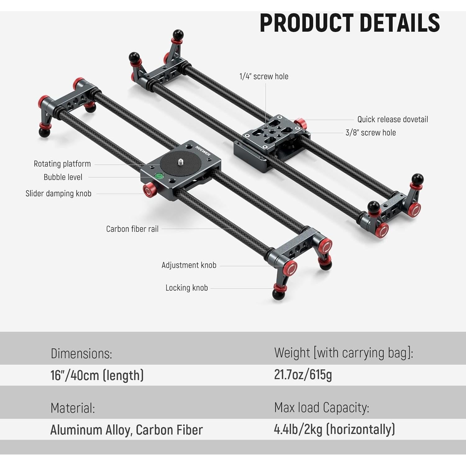 Deslizador de Cámara NEEWER CS1M 40cm Fibra de Carbono Ajustable