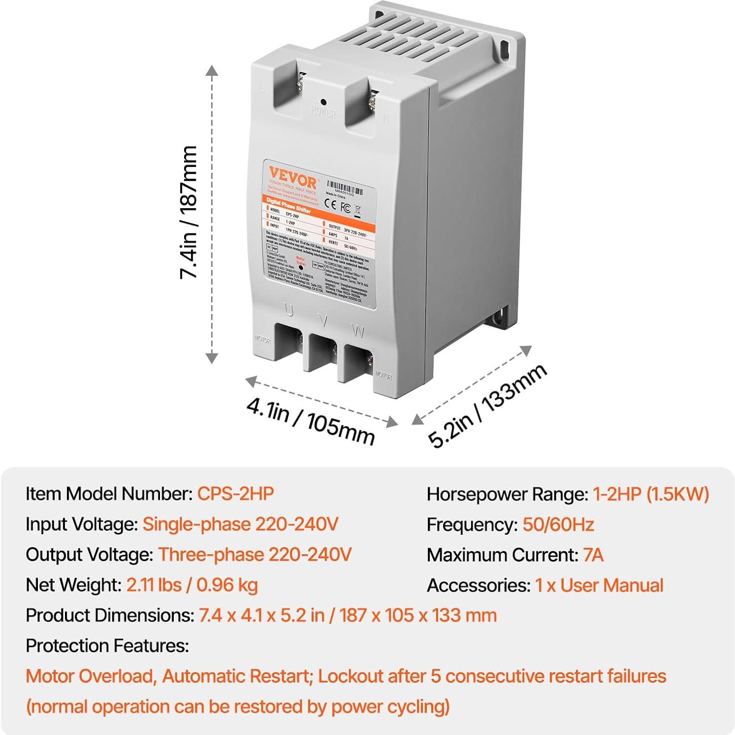 Convertidor de Fase Digital VEVOR 2HP 220V para Motor