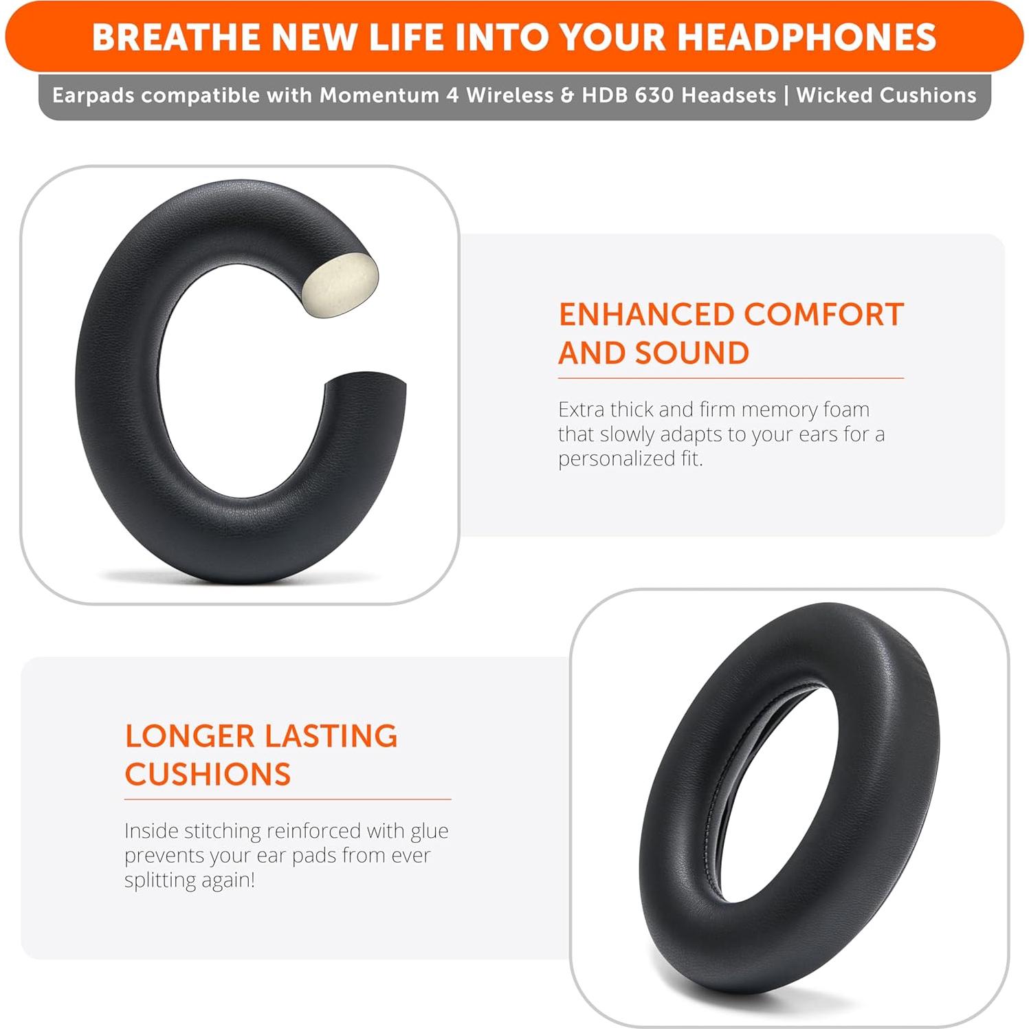 Almohadillas de Reemplazo Wicked Cushions para Sennheiser Momentum 4 y HDB 630 - Negro