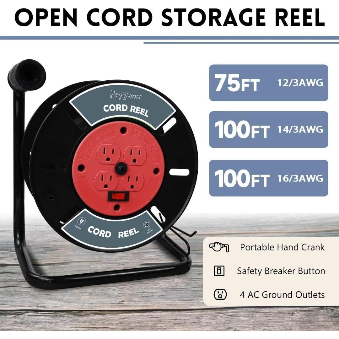 Carrete de Almacenamiento de Cables HeyYance 4 Salidas 10A Rojo