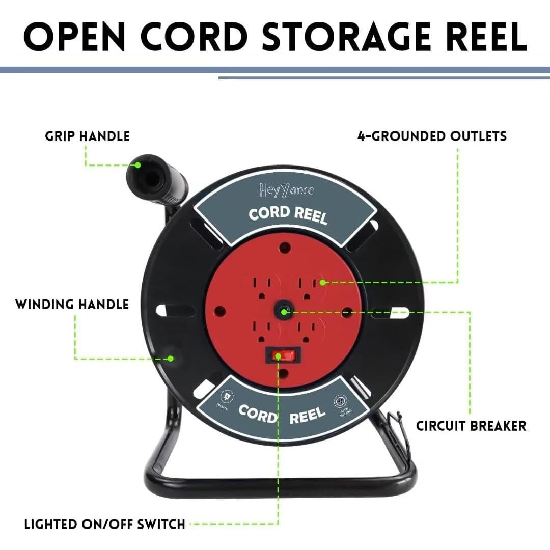 Carrete de Almacenamiento de Cables HeyYance 4 Salidas 10A Rojo