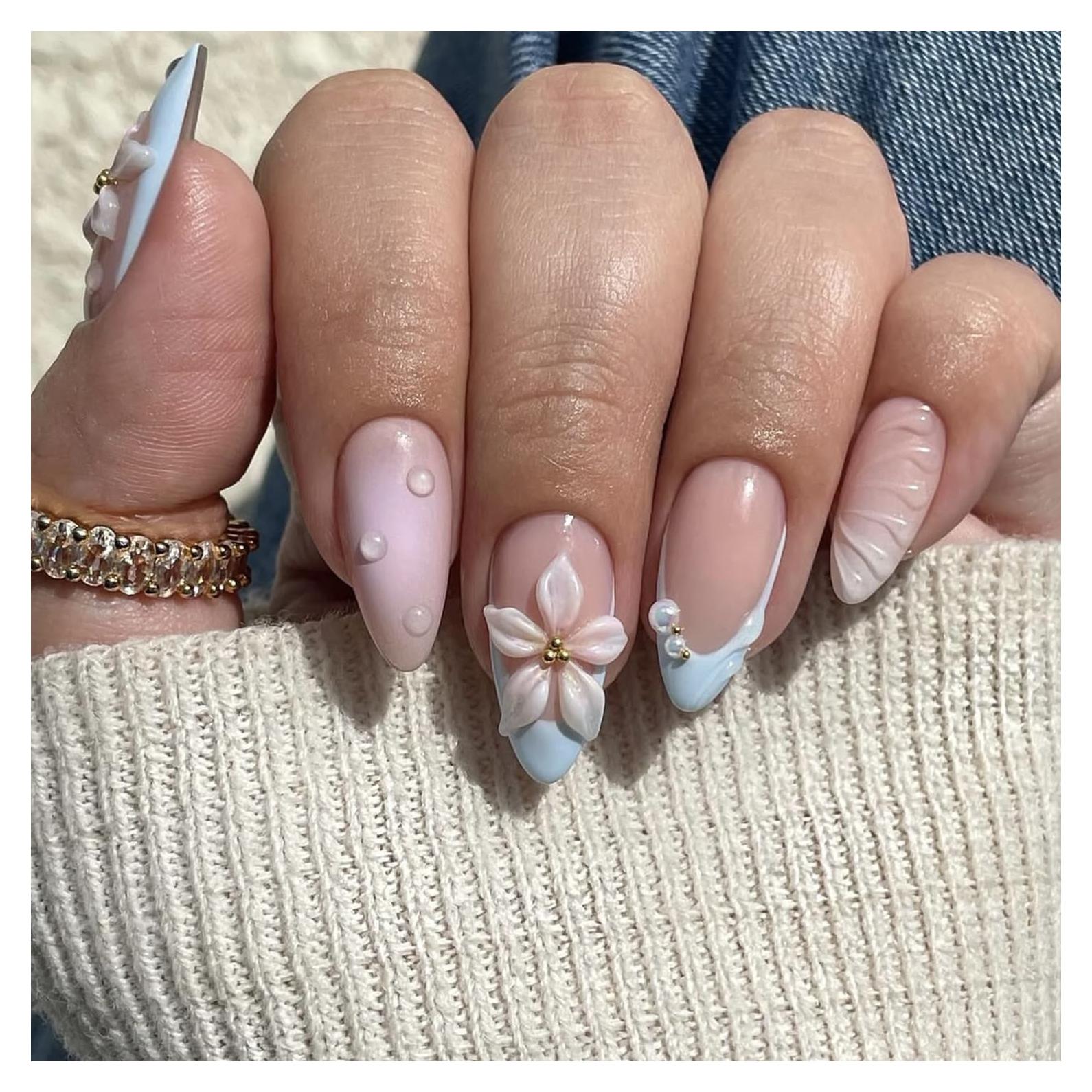 Kit 24 Uñas Postizas Almendra OSTTMA 3D Flor Azul Reutilizables