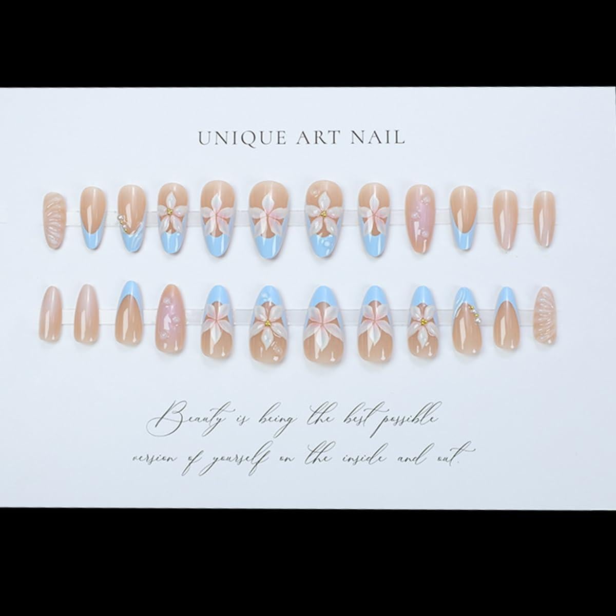 Kit 24 Uñas Postizas Almendra OSTTMA 3D Flor Azul Reutilizables