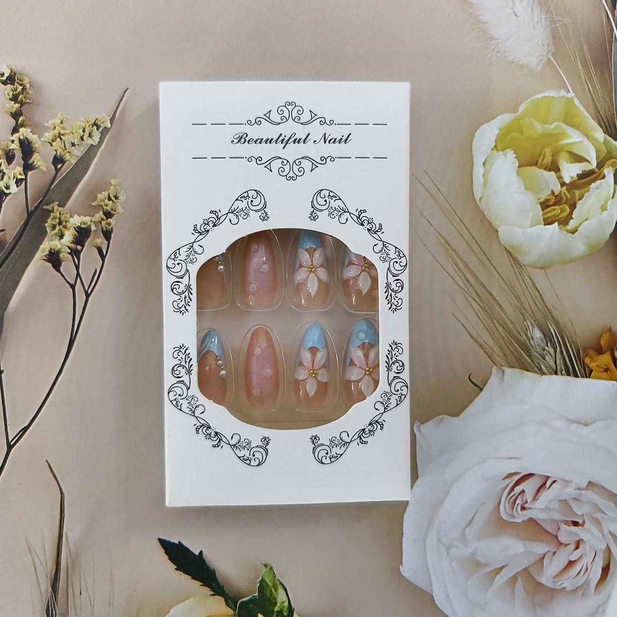 Kit 24 Uñas Postizas Almendra OSTTMA 3D Flor Azul Reutilizables