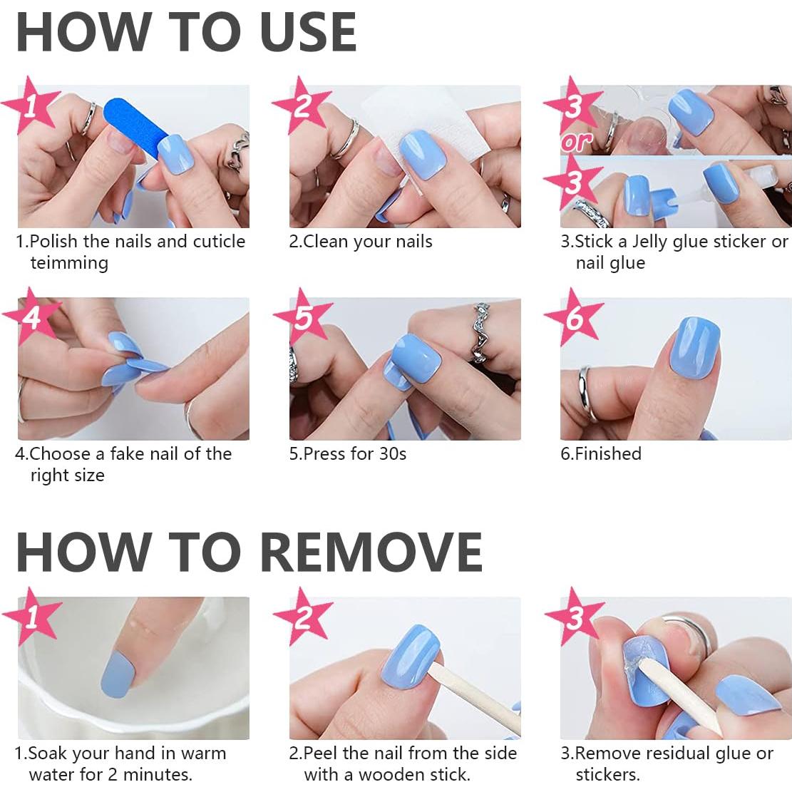 Kit 24 Uñas Postizas Almendra OSTTMA 3D Flor Azul Reutilizables