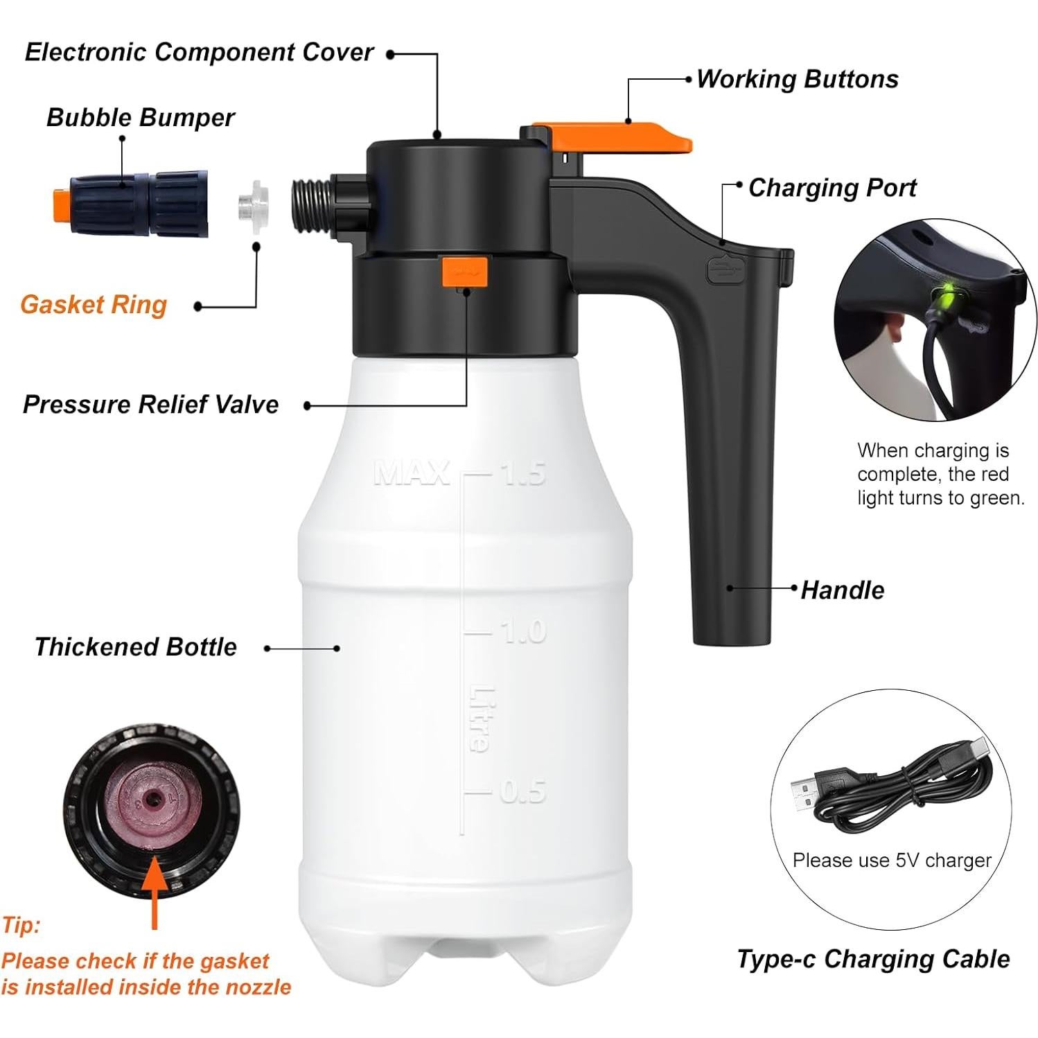 Pulverizador de Espuma Eléctrico YDFL 1.5L USB para Lavado de Autos