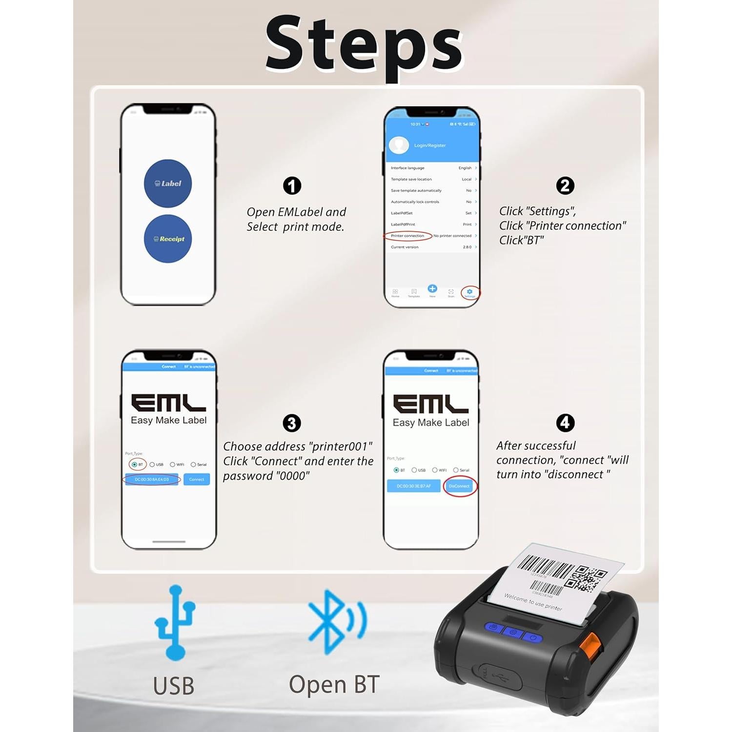 Impresora Térmica ZYWELL ZM04 Mini Inalámbrica 58mm/80mm