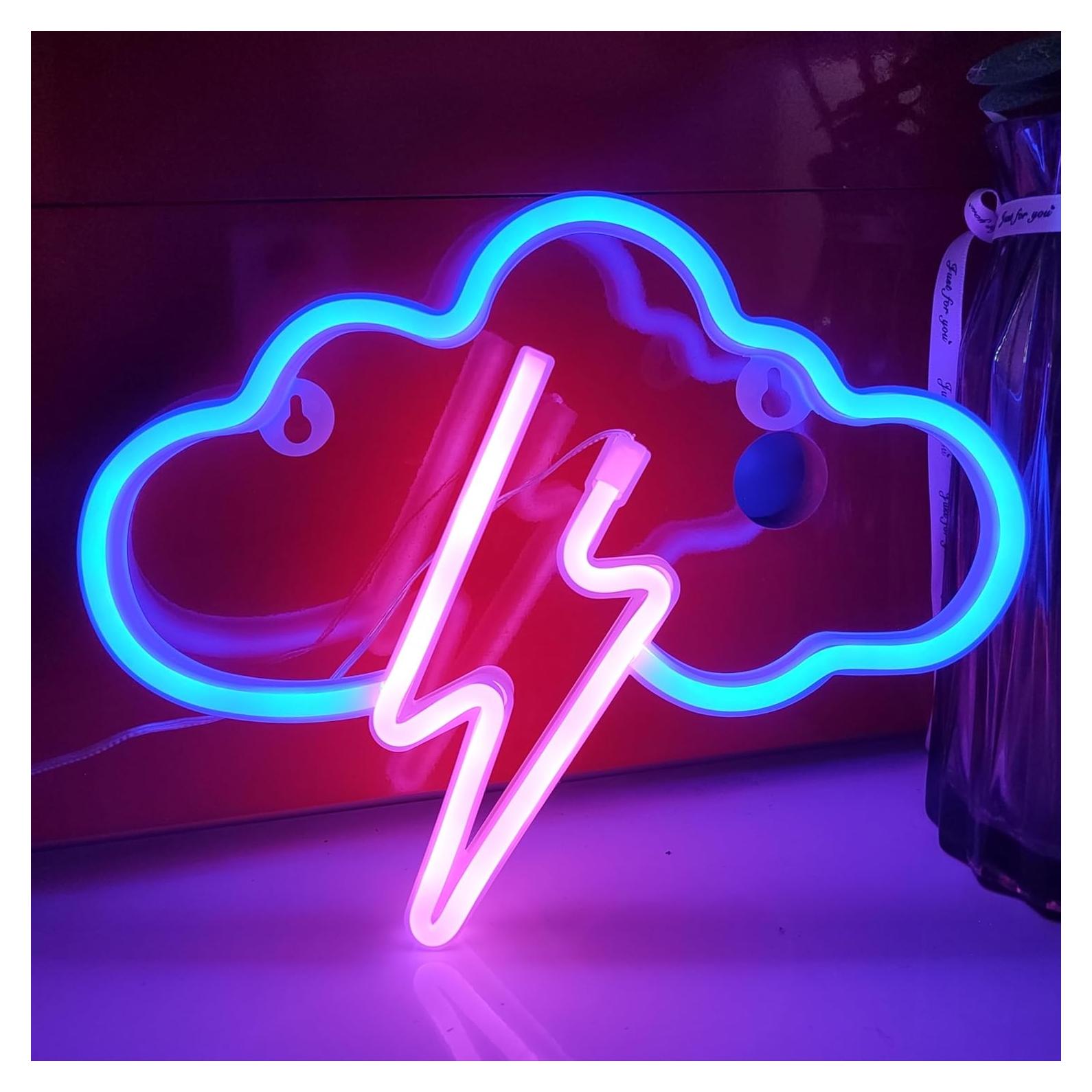 Luz de Neón Nube Relámpago JYWJ LED USB 28x20 cm Azul/Rosa