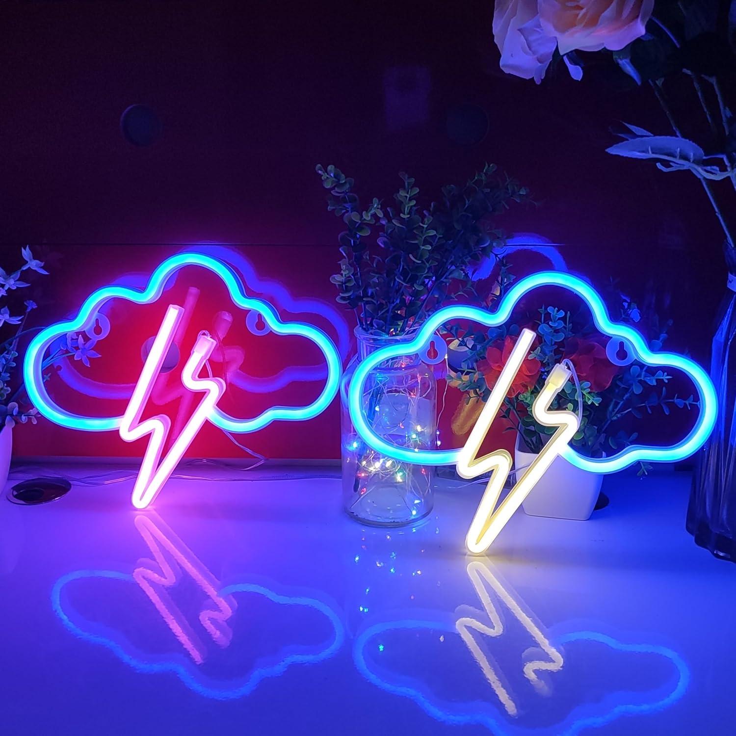 Luz de Neón Nube Relámpago JYWJ LED USB 28x20 cm Azul/Rosa
