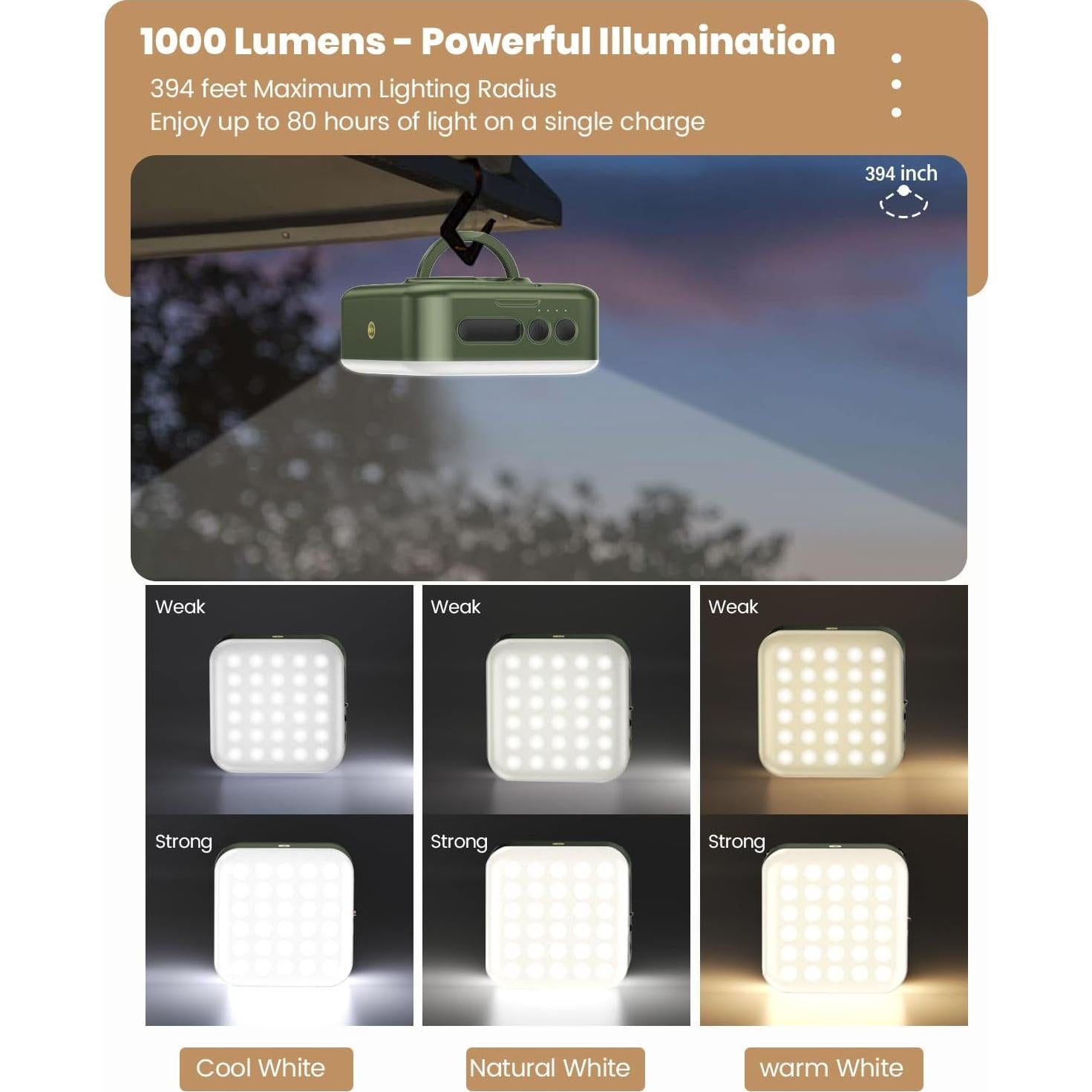 Linterna de Camping LumiSun LED Solar 5200mAh 1000LM Verde