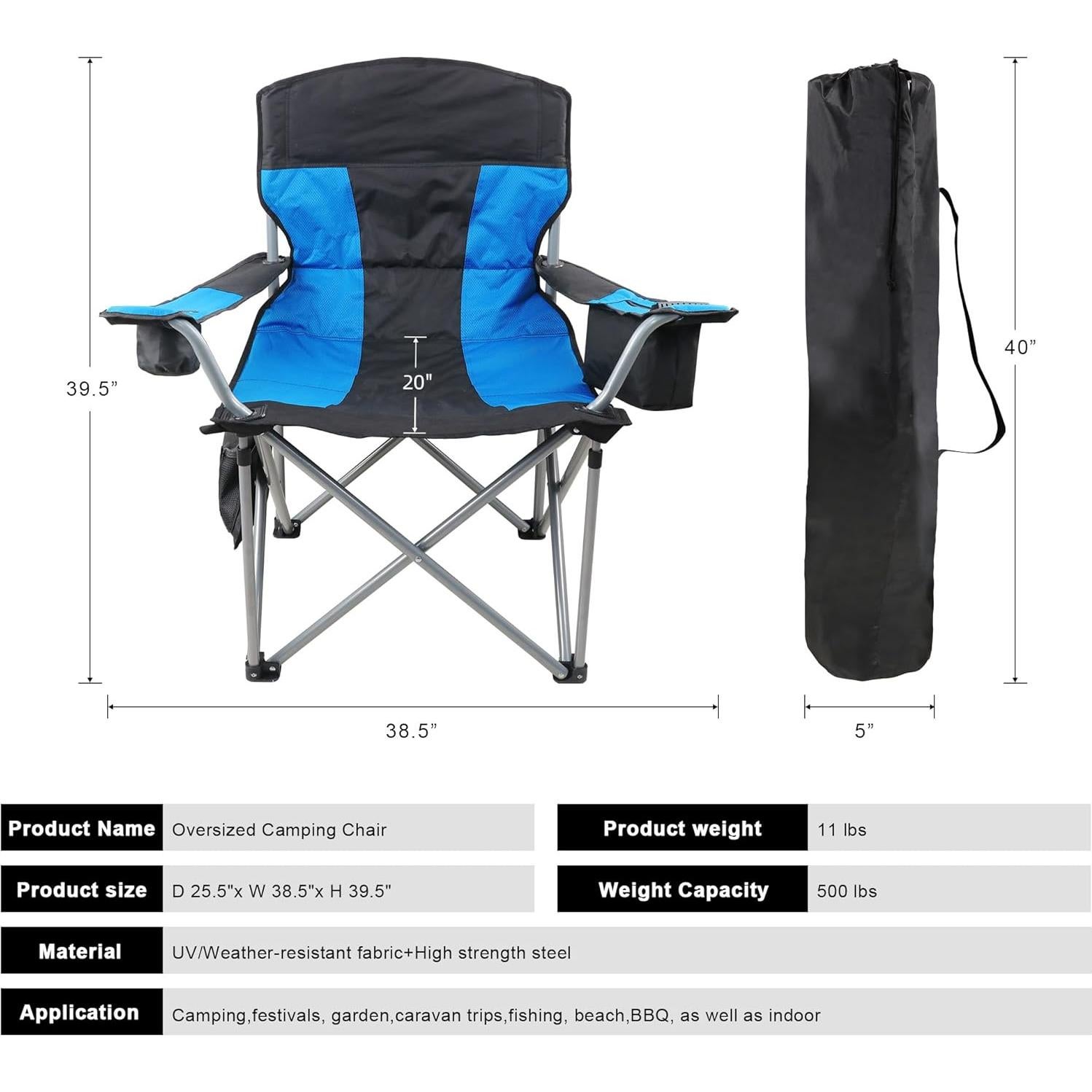 Silla de Camping Plegable SHSYCER Sobredimensionada 500lbs Azul