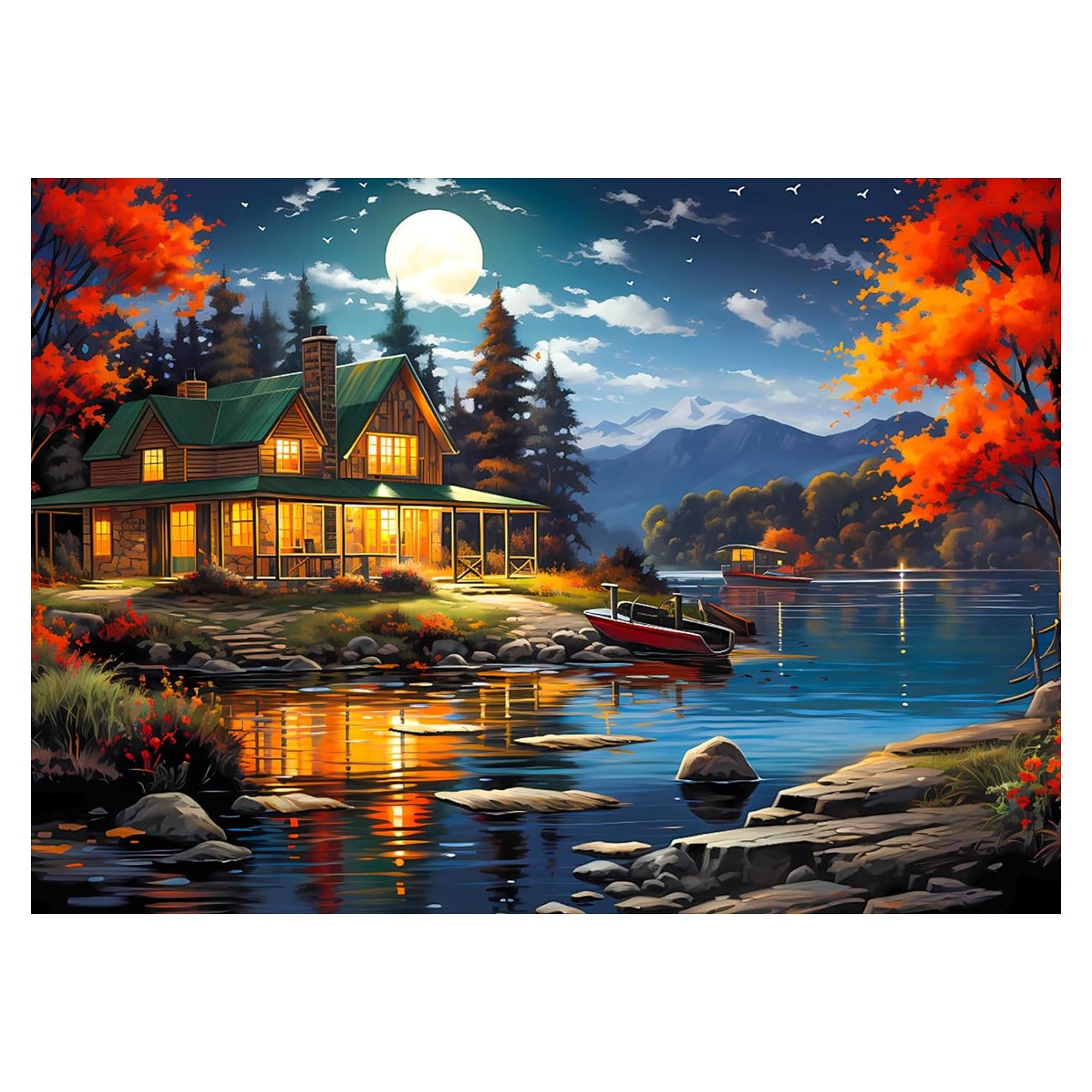 Rompecabezas 1000 Piezas MBOQIU Cabaña a la Luz de la Luna