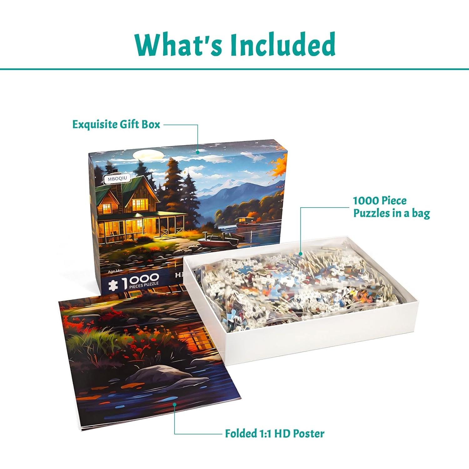 Rompecabezas 1000 Piezas MBOQIU Cabaña a la Luz de la Luna