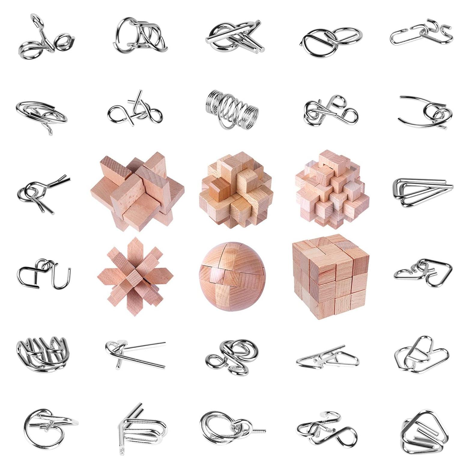 30 Piezas Rompecabezas de Ingenio RLYLF Madera y Metal