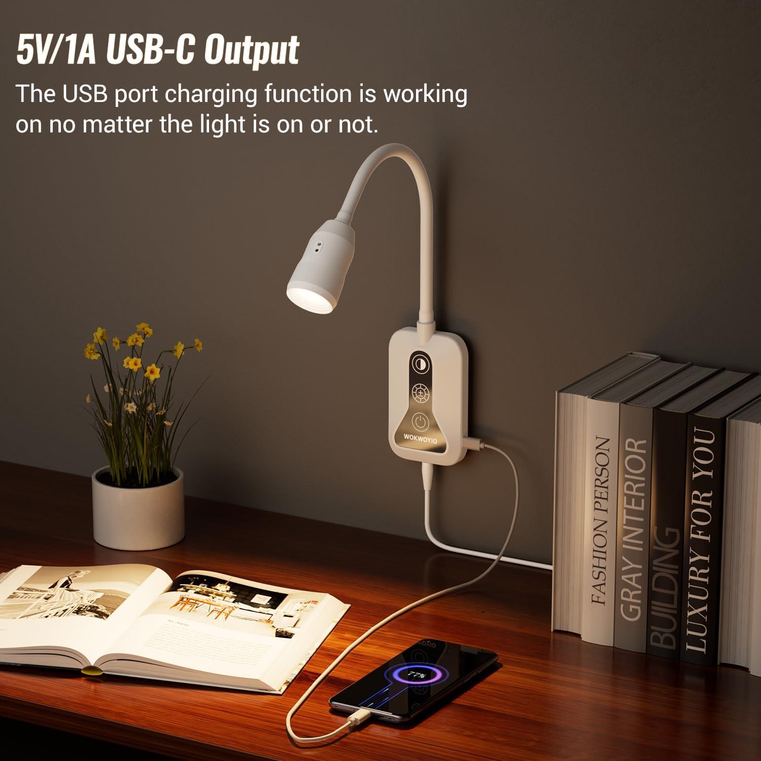 Luz de Lectura Montada en Pared WOKWOYIO con Sensor y USB-C