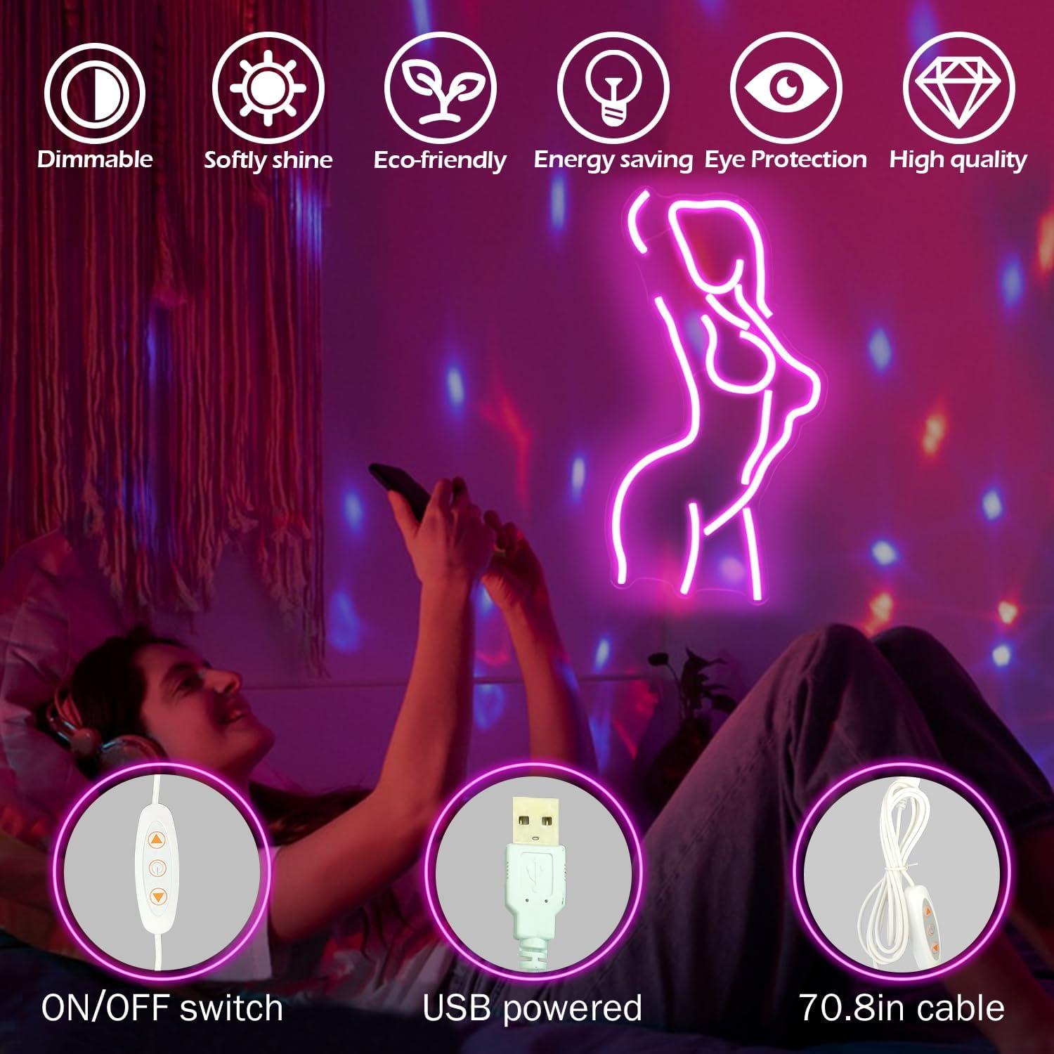 Luz de Neón Dama LED Rosa 40x29cm con Interruptor Dimmable