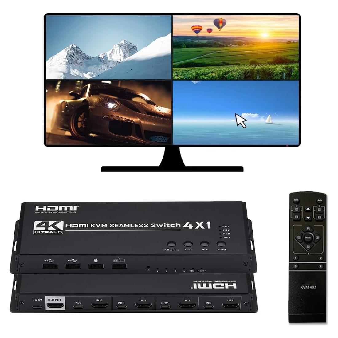 Conmutador HDMI KVM 4x1 Groza 4K@30Hz USB Multiviewer