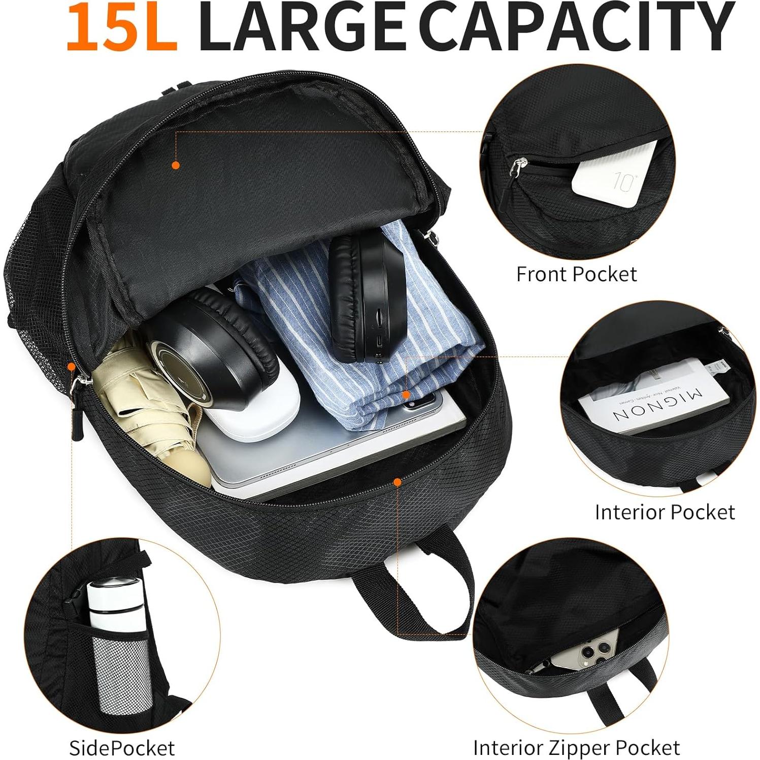 Mochila de Senderismo Plegable SFIUYDS 15L Impermeable Negra