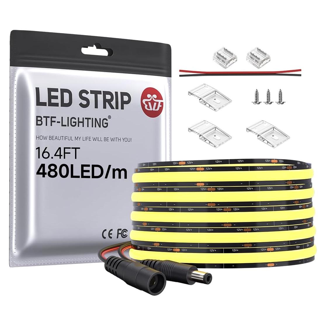 Tira LED FCOB BTF-LIGHTING 16.4FT 480LED/m 9W DC12V Blanco Cálido 2700K