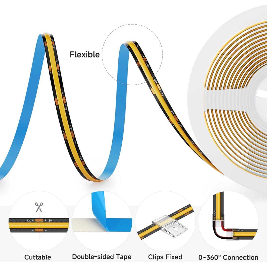 Tira LED FCOB BTF-LIGHTING 16.4FT 480LED/m 9W DC12V Blanco Cálido 2700K