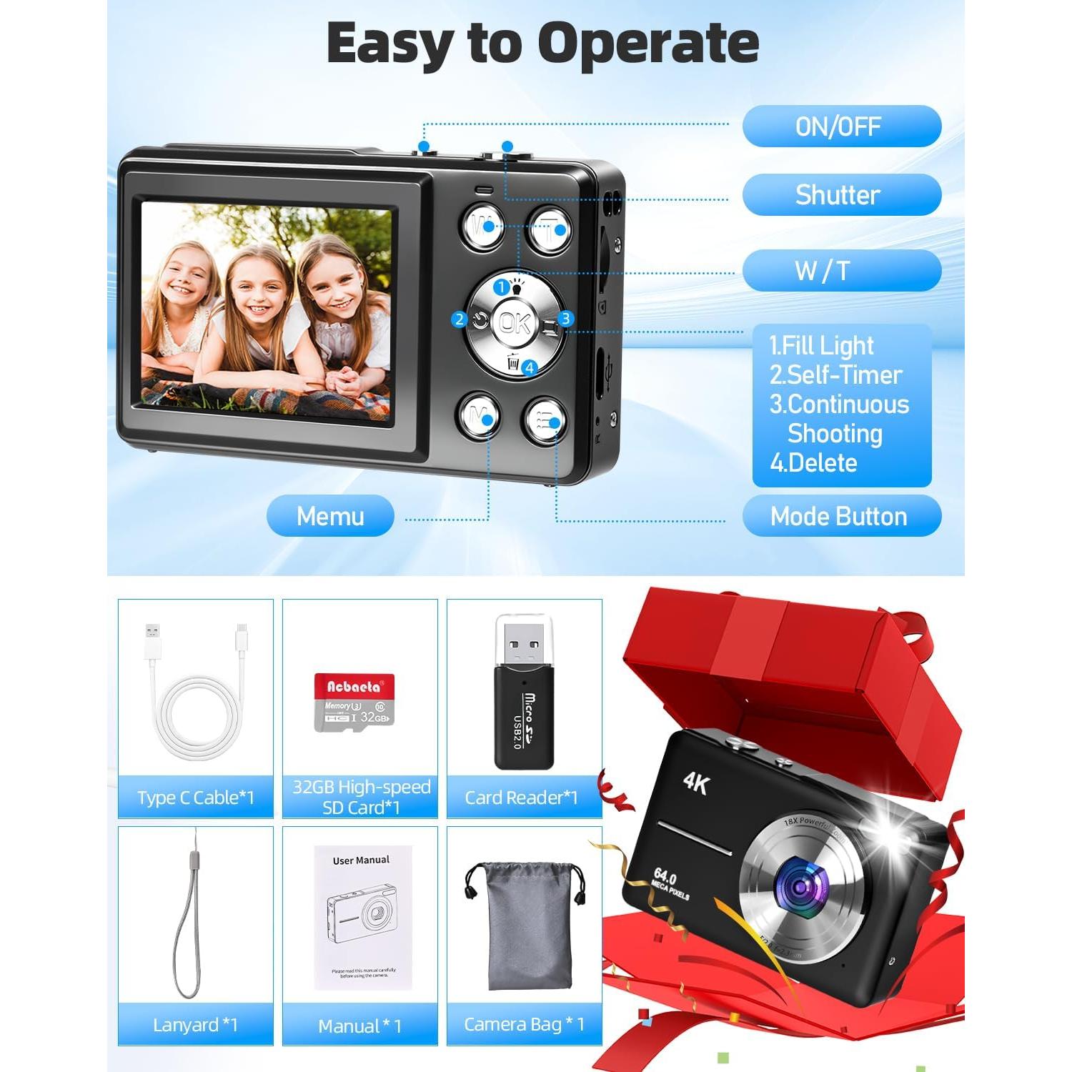 Cámara Digital 4K Acbaeta M5 Plus 64MP Zoom 18X Pantalla 2.8"