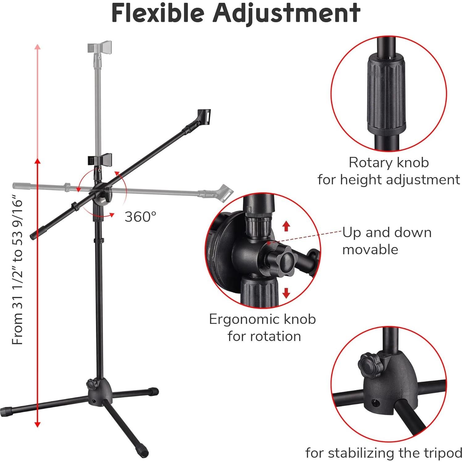 Soporte de micrófono de trípode ajustable con 2 clips negro