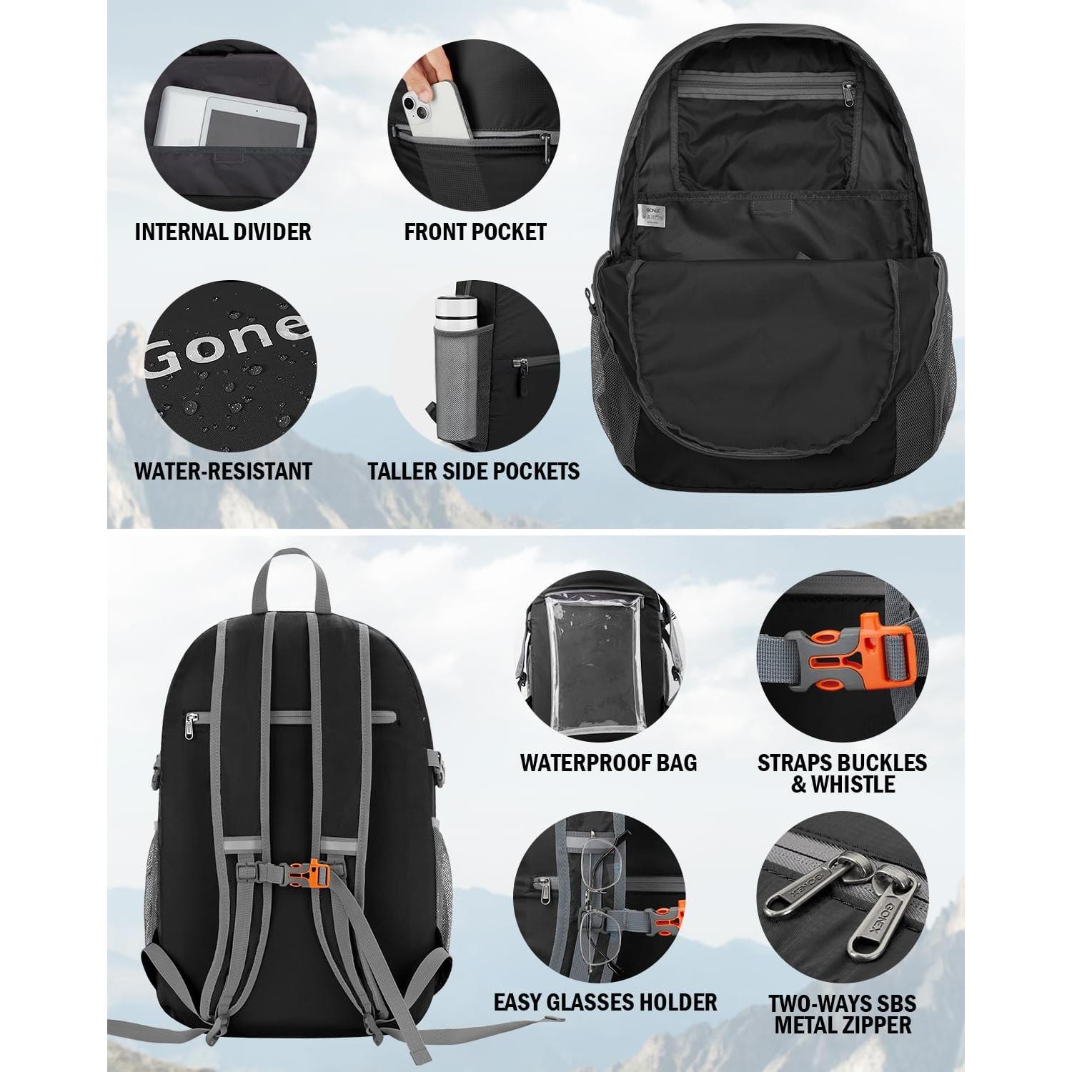 Mochila Plegable Gonex 30L Ultra Ligera Negra para Senderismo