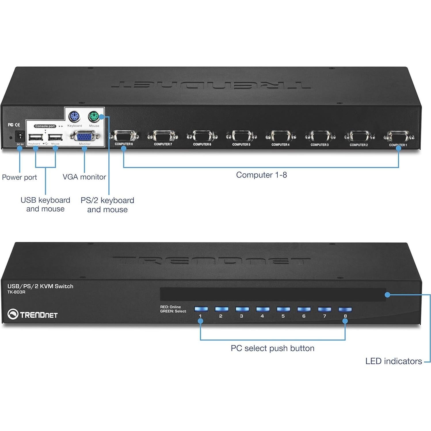 Interruptor KVM TRENDnet TK-803R 8 Puertos USB/PS2 VGA