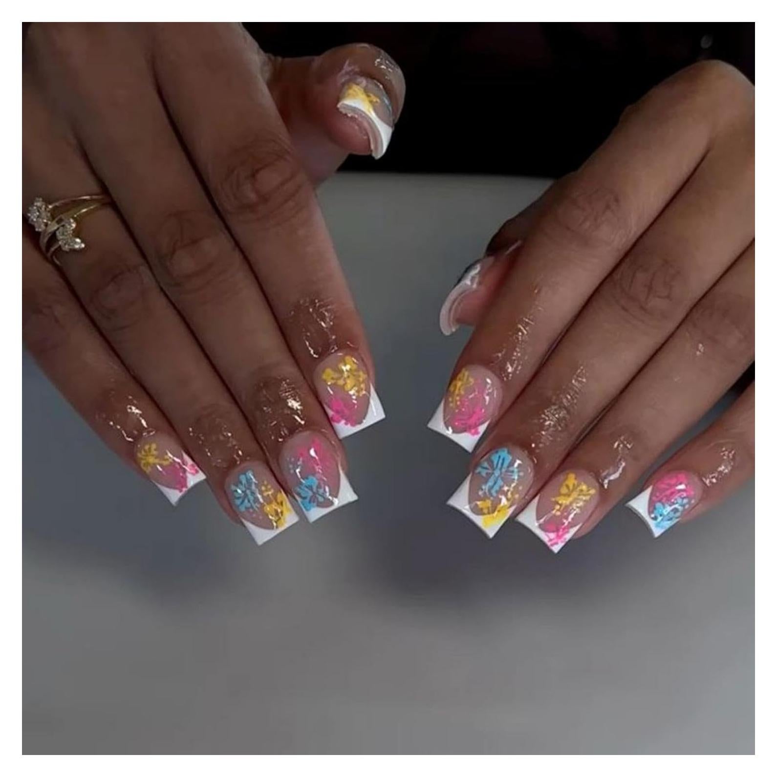 Uñas Postizas Cortas Cuadradas Sevgob con Flores 24pcs