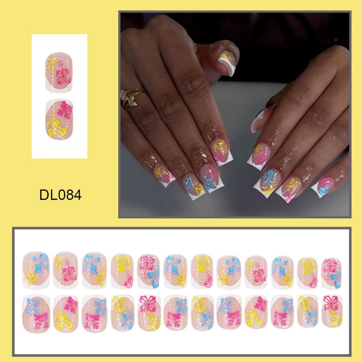 Uñas Postizas Cortas Cuadradas Sevgob con Flores 24pcs