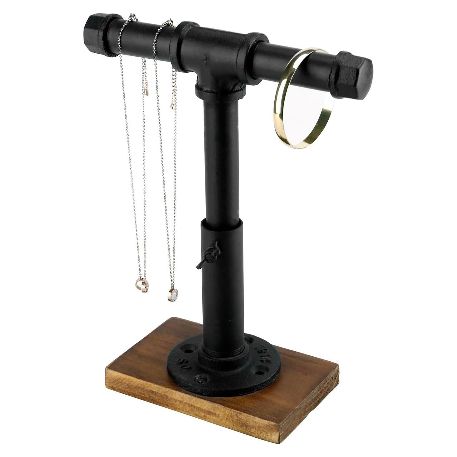 Soporte de Joyería MyGift Ajustable Metal Negro Base Madera