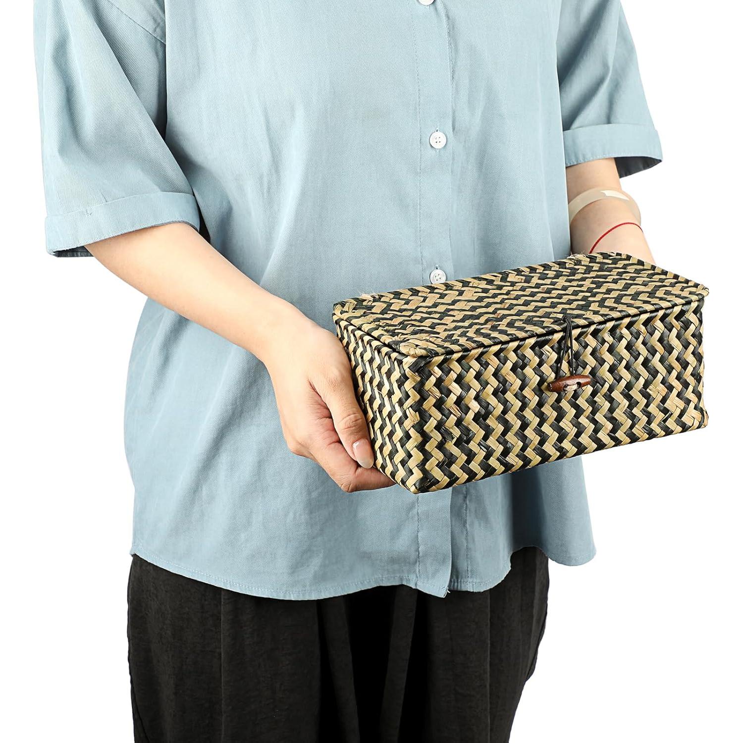 Cesta de Mimbre Hipiwe X-Pequeña con Tapa Negra Tejida a Mano