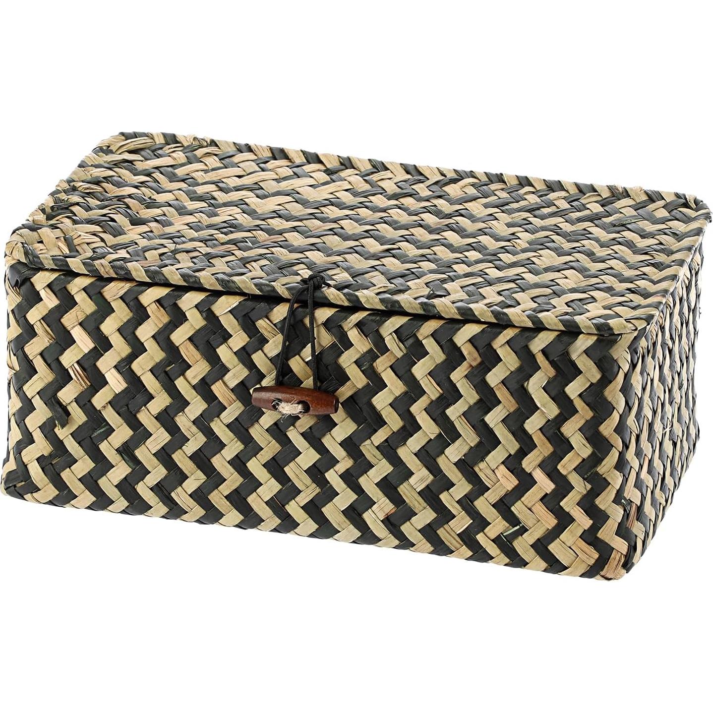 Cesta de Mimbre Hipiwe X-Pequeña con Tapa Negra Tejida a Mano