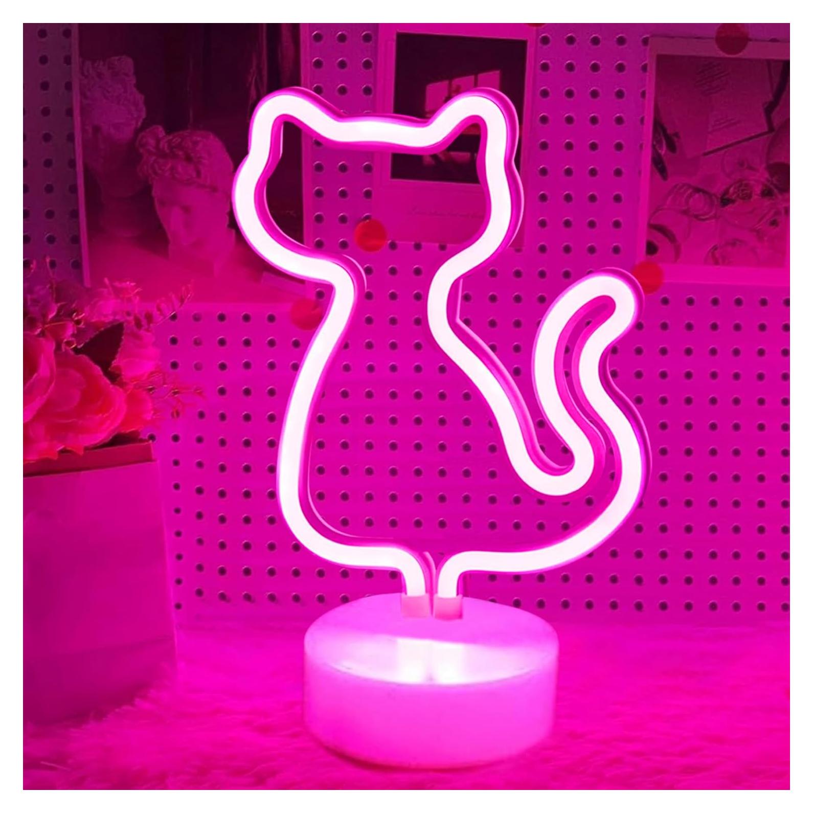 Luz de Neón Gato Rosa AurGun, Decoración LED Recargable