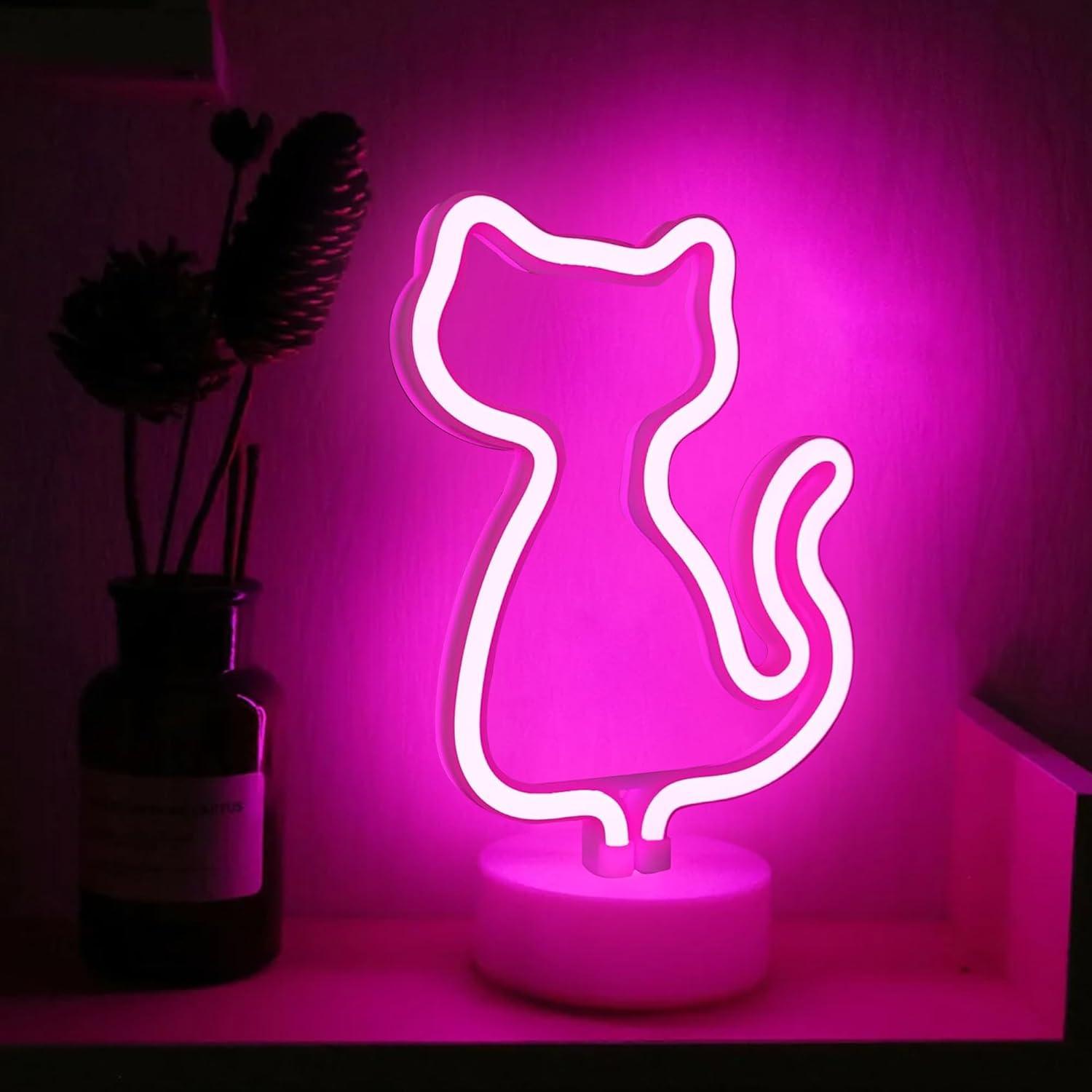 Luz de Neón Gato Rosa AurGun, Decoración LED Recargable