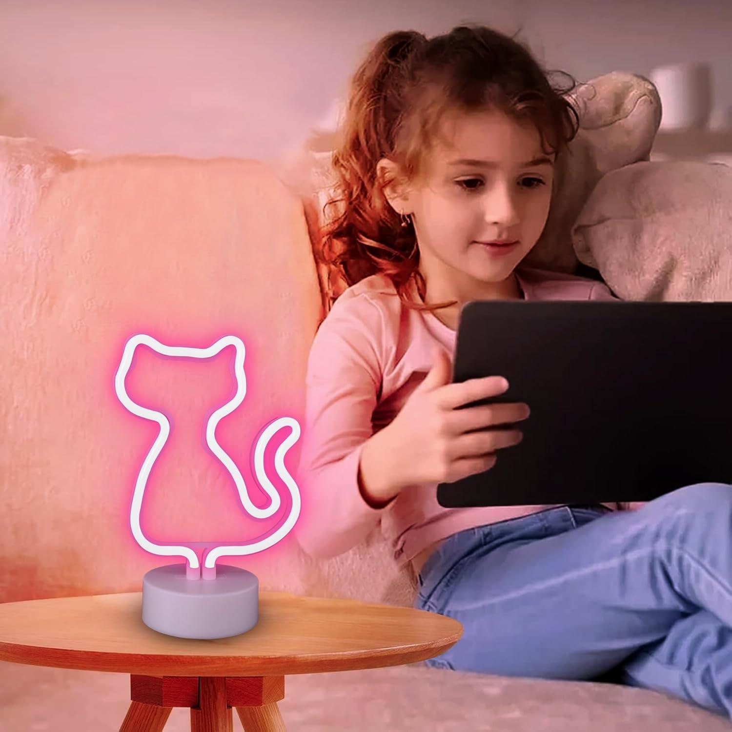 Luz de Neón Gato Rosa AurGun, Decoración LED Recargable