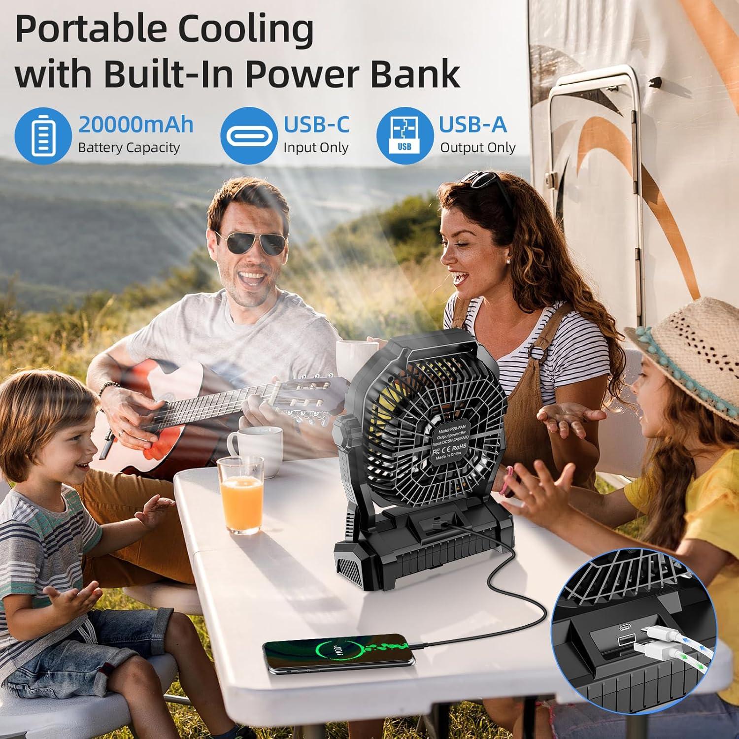 Ventilador de Camping Roshopi P20 Recargable 20000mAh con Luz LED
