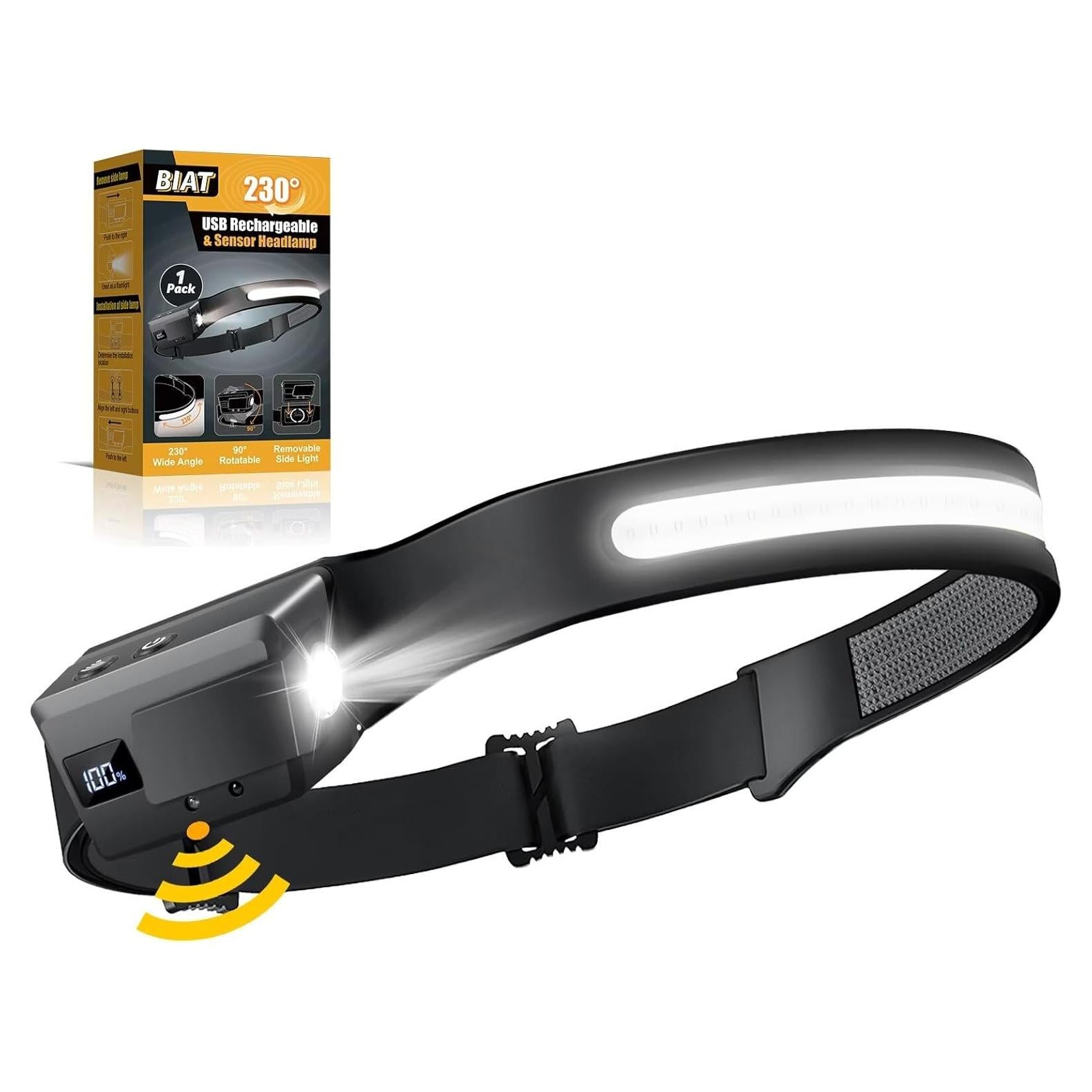 Linterna Frontal LED Recargable BIAT, 5 Modos, 230° de Haz