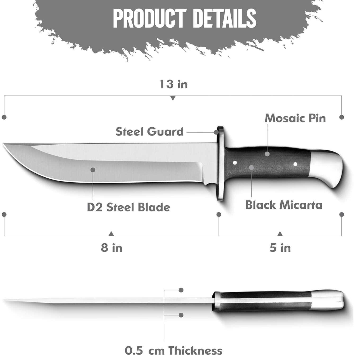 Cuchillo Bowie WARIVO 33 cm Acero D2 Hoja Fija con Funda