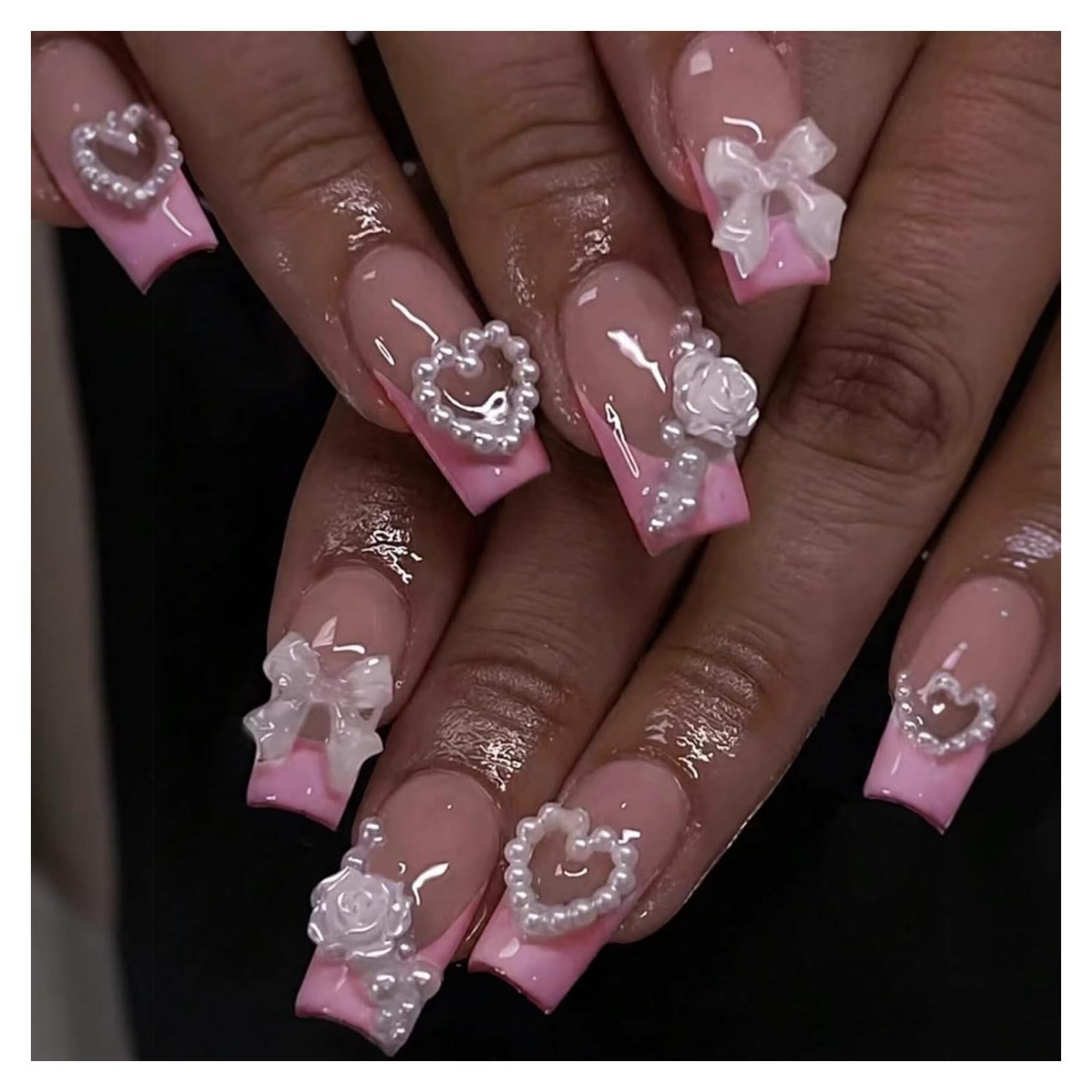 Uñas Postizas de Punta Francesa Rosa Puyokinm 24 Pcs 3D