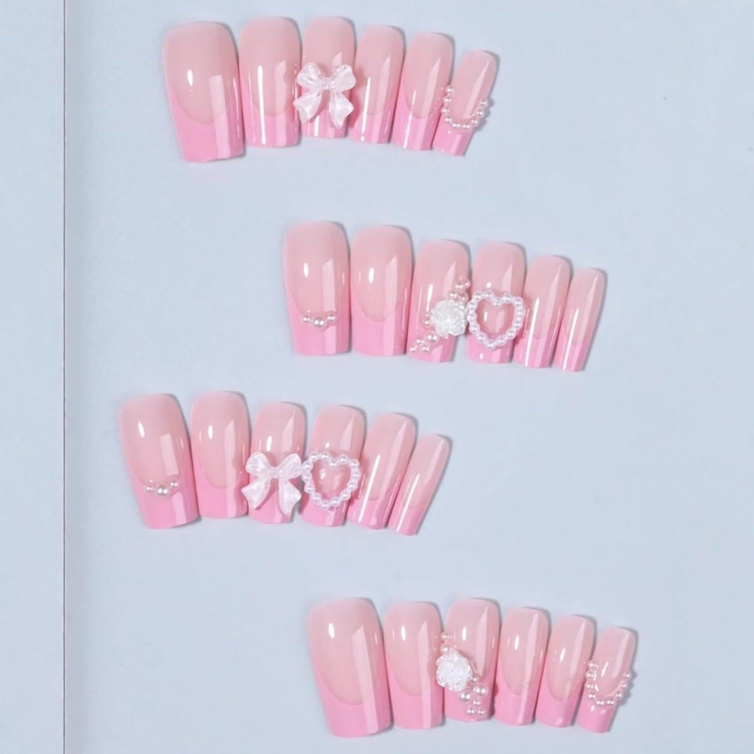 Uñas Postizas de Punta Francesa Rosa Puyokinm 24 Pcs 3D